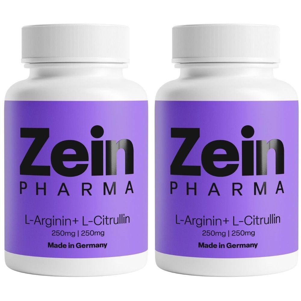 Zwei weiße Flaschen mit lila Etiketten. Aufschrift: Zein Pharma, L-Arginin + L-Citrullin, 250mg | 250mg, Made in Germany.