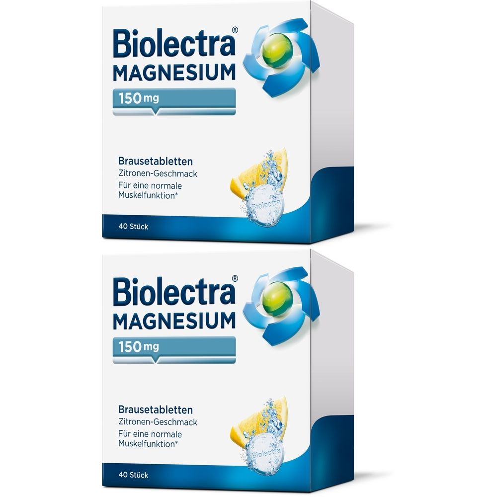 Zwei Packungen Biolectra Magnesium Brausetabletten. Weiße Kartons mit blauem Schriftzug und Logo. Zitronen-Geschmack, 150 mg, 40 Stück.