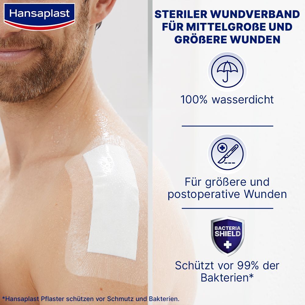 Hansaplast Aqua Protect 4XL Wundpflaster | Großes steriles Pflaster | 100 % wasserdichter Verband | Für große Wunden & postoperative Wunden | Blockiert 99 % der Bakterien | 10 x 20 cm | 5 Pflaster