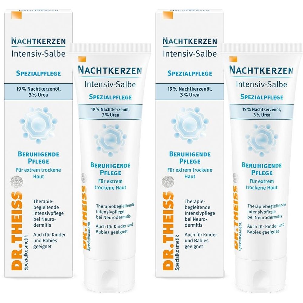 Drei Tuben und zwei Schachteln. Aufschrift: Nachtkerzen Intensiv-Salbe, Spezialpflege, 19% Nachtkerzenöl, 3% Urea. Beruhigende Pflege.