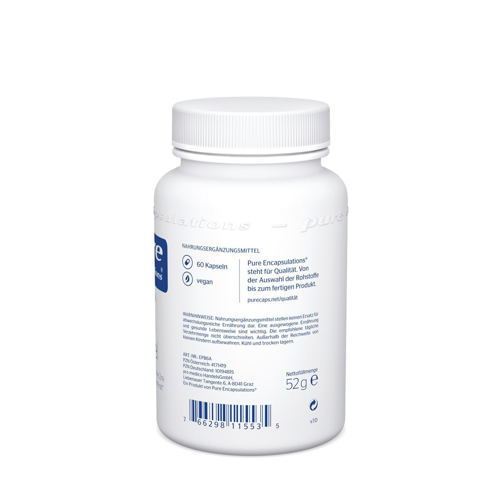 Weiße Flasche mit Schraubverschluss. Aufschrift: pure encapsulations®. Etikett mit Produktinformationen und Inhaltsstoffen.