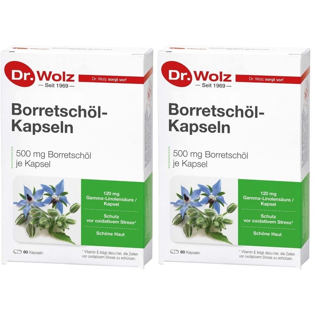Zwei weiße Kartons mit Produktnamen und Logo. Aufdruck: Borretschöl-Kapseln, 500 mg. Abbildung: blaue Blüten.