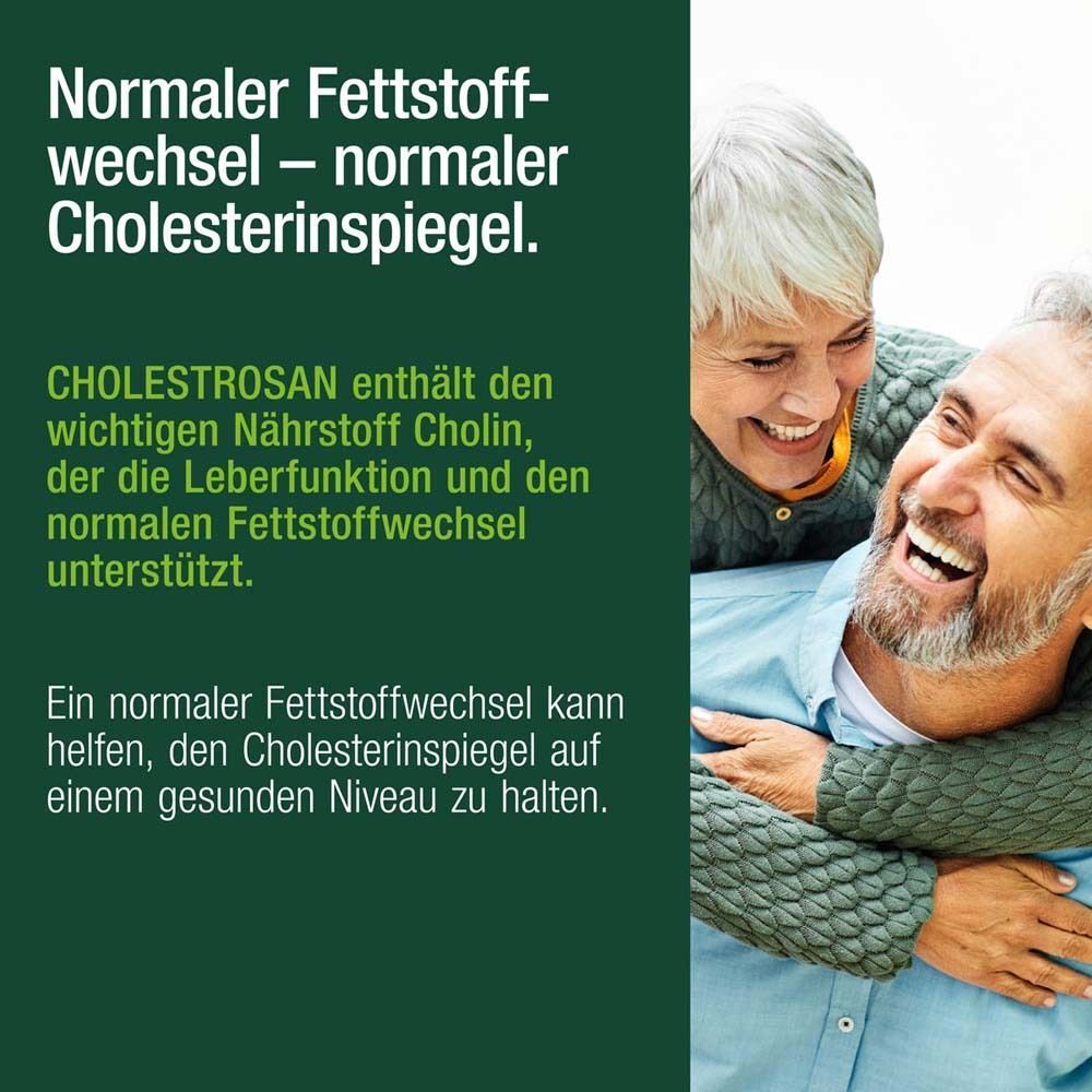 Älteres Paar lacht. Cholestrosan enthält Cholin. Unterstützt normalen Fettstoffwechsel und Cholesterinspiegel.