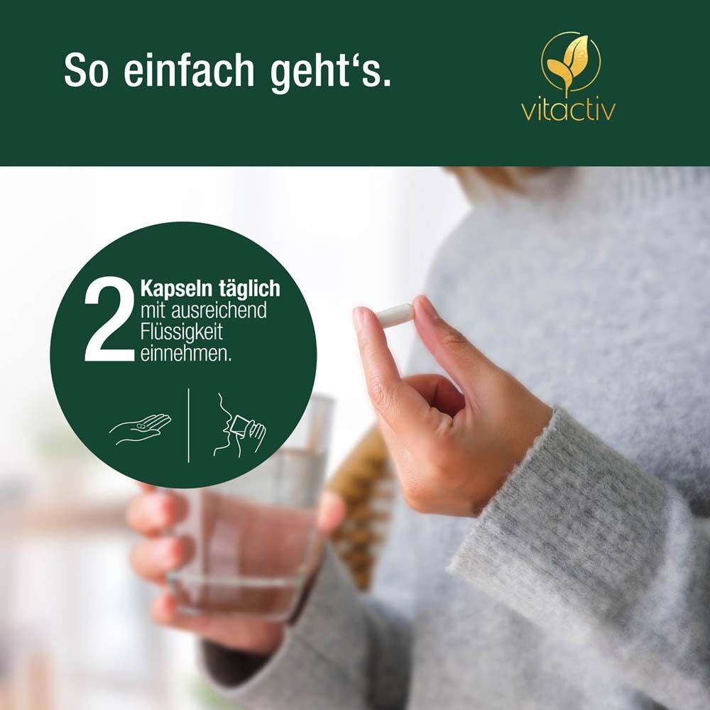 Person nimmt eine Kapsel mit Wasser ein. Grüne Grafik mit der Zahl 2 und Anweisungen.
