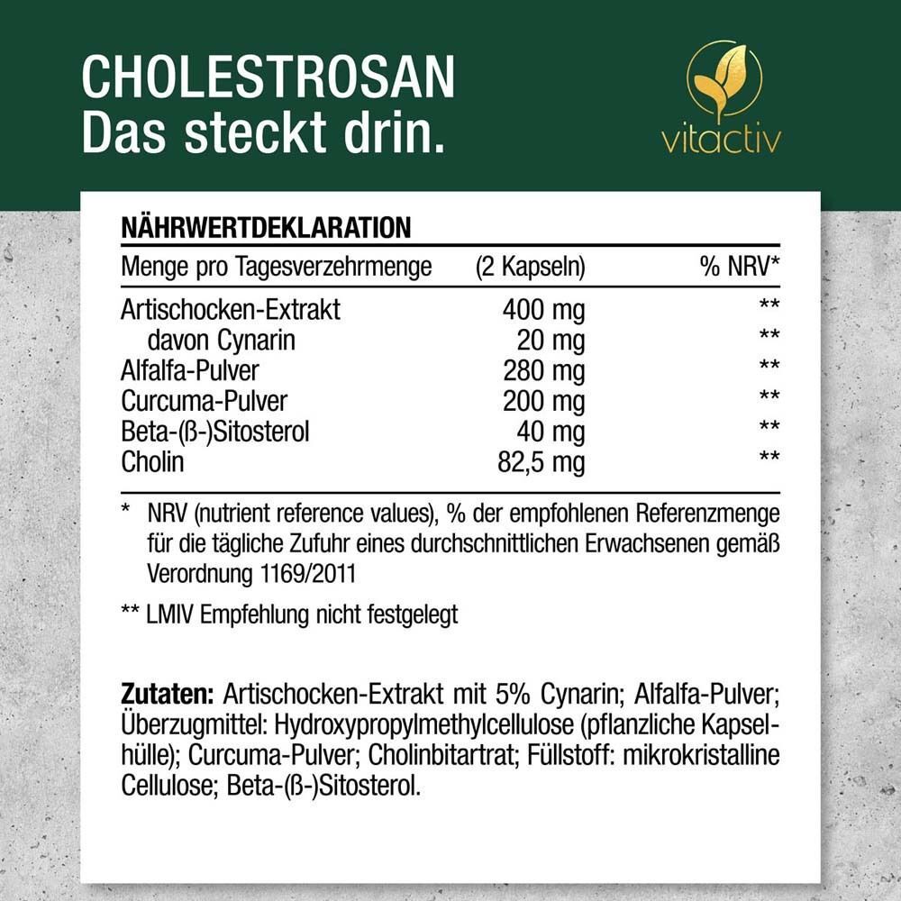 Nährwertdeklaration für Cholestrosan. Zutaten: Artischocken-Extrakt, Cynarin, Alfalfa-Pulver, Curcuma-Pulver, Beta-(ß)-Sitosterol, Cholin.