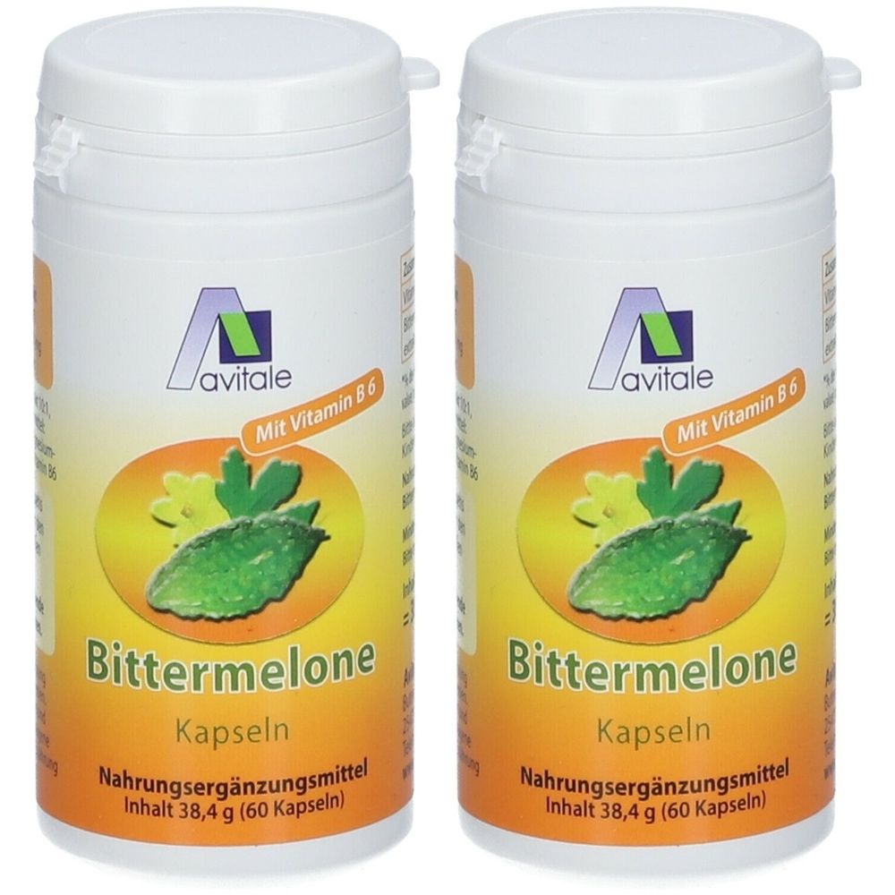 Zwei weiße Dosen mit Deckel. Auf jeder Dose: Logo, Text "avitale", "Bittermelone Kapseln", "Mit Vitamin B6" und "Nahrungsergänzungsmittel".