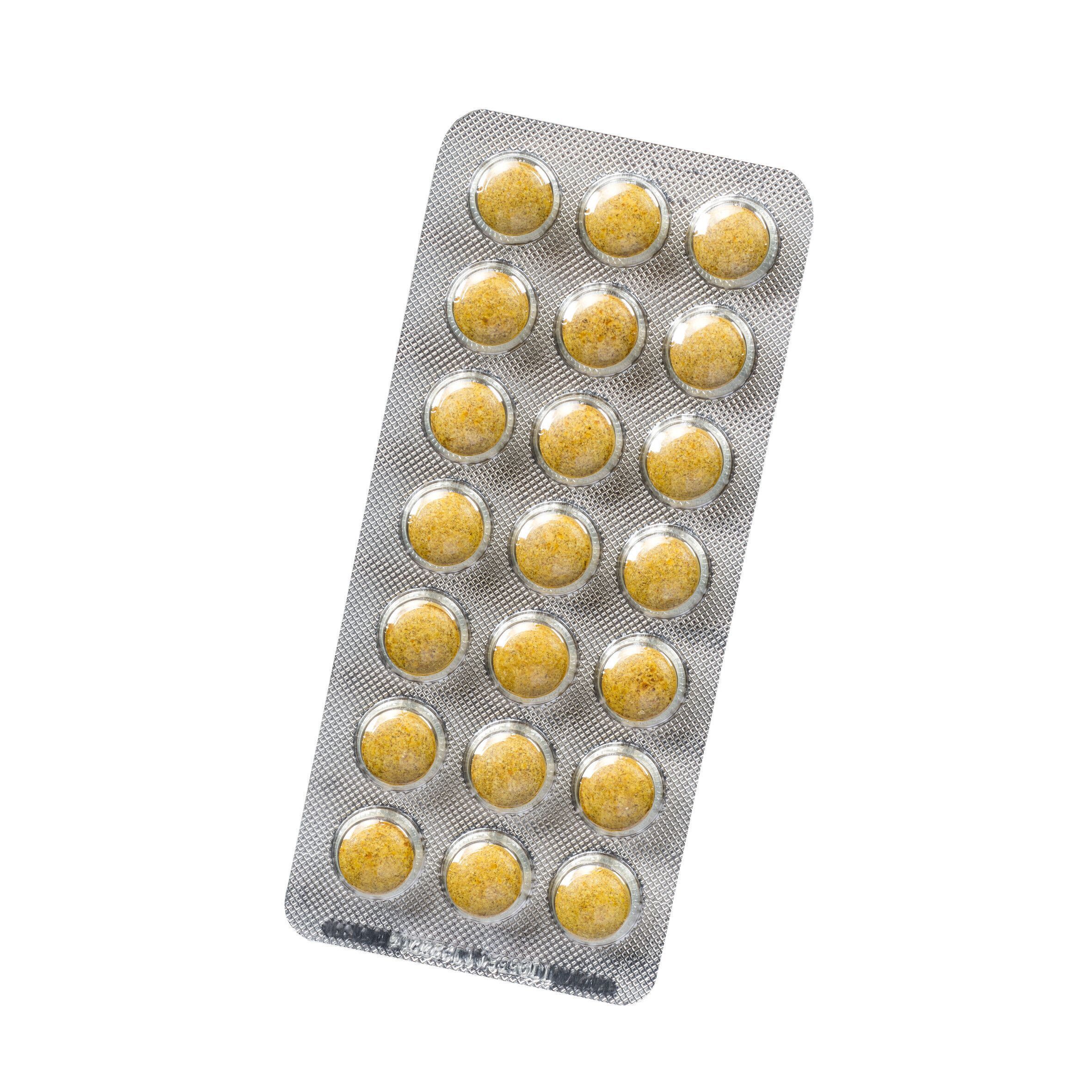 Blisterpackung mit 20 gelben Tabletten. Tabletten in einer silbernen Blisterpackung angeordnet.