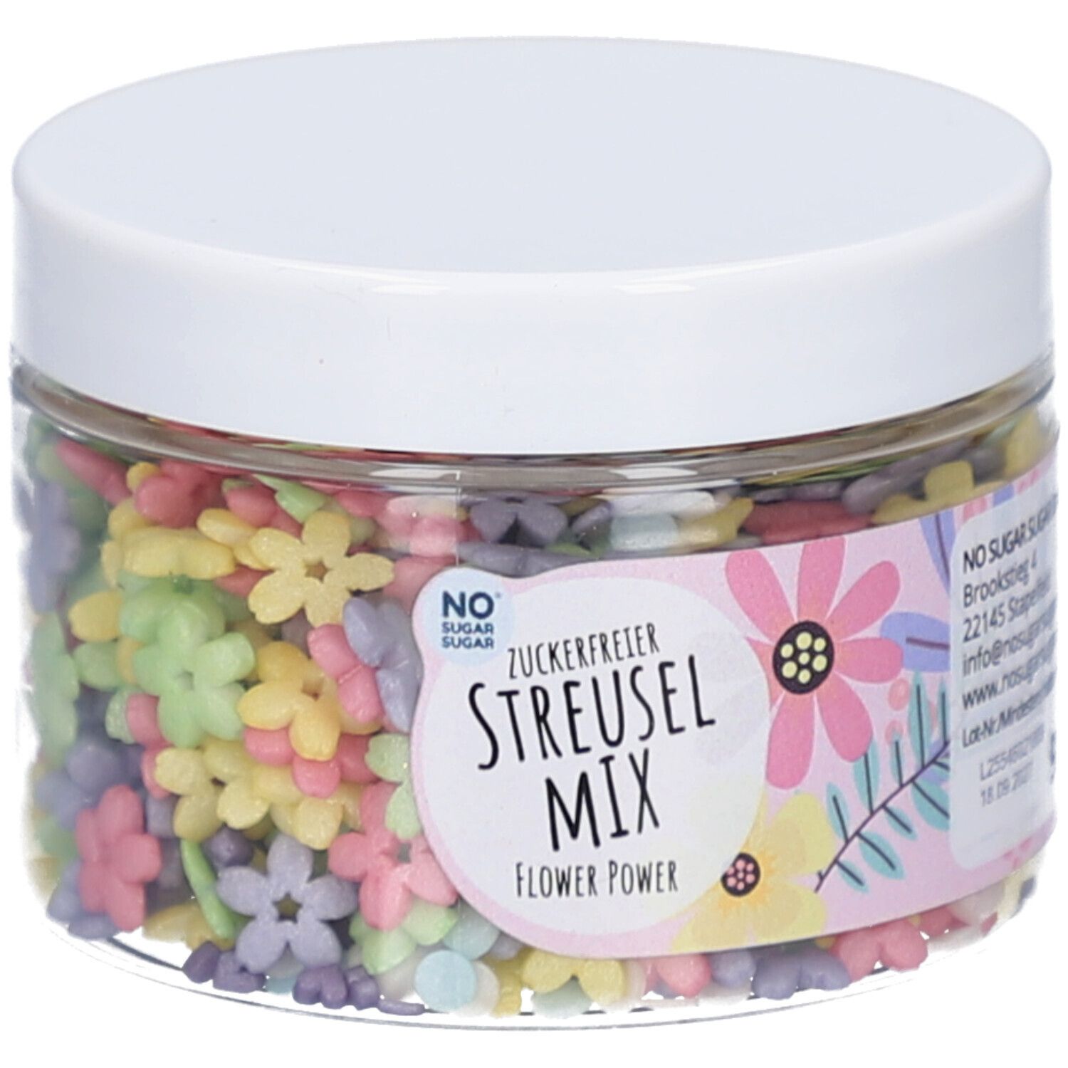 Klare Dose mit bunten, blütenförmigen Streuseln. Aufkleber mit Produktname: Streusel Mix Flower Power. Deckel weiß.