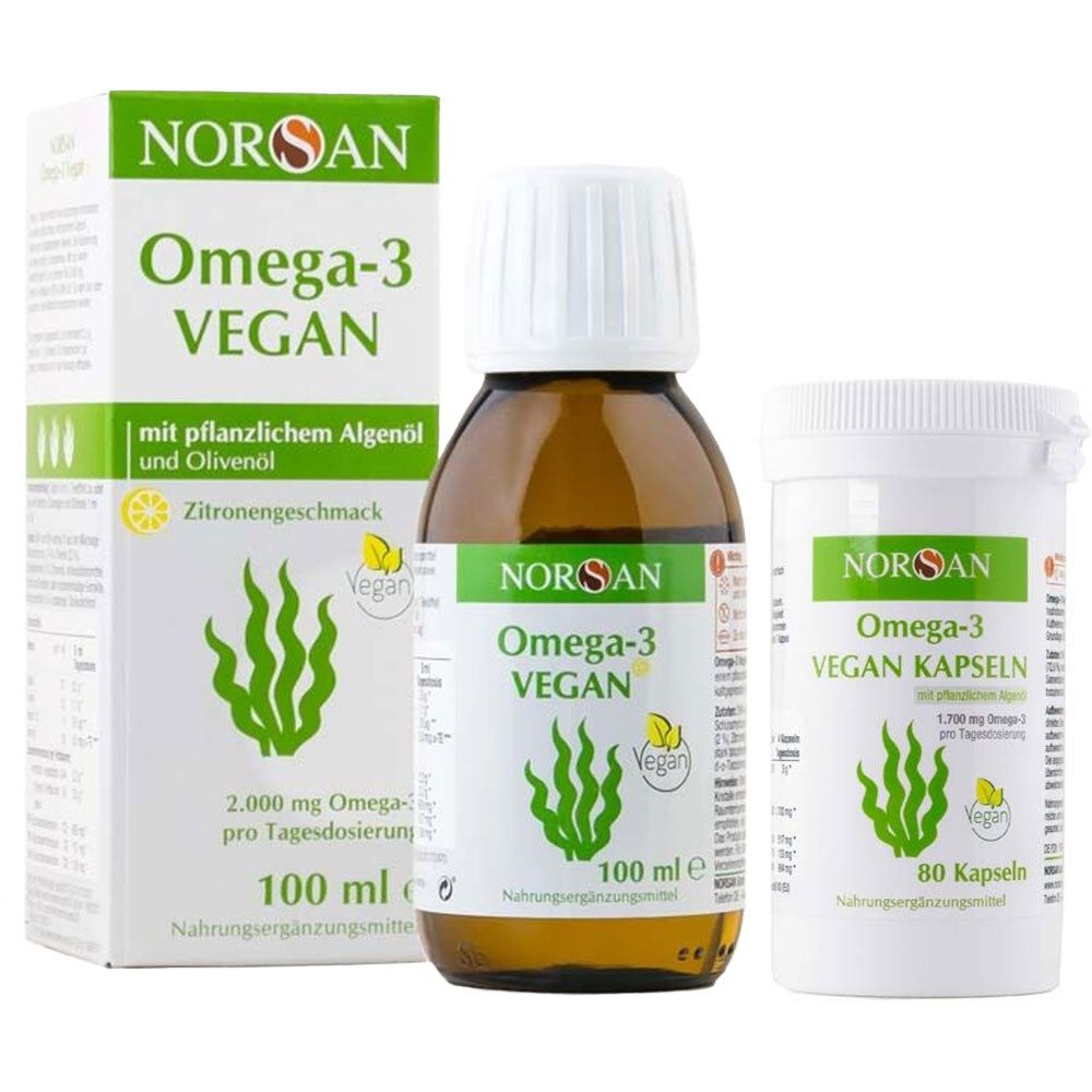 Drei Produkte: Karton, Flasche und Dose. Aufschrift: NORSAN Omega-3 Vegan. Algenöl und Kapseln. Grün-weiße Verpackung, braune Flasche, weiße Dose.