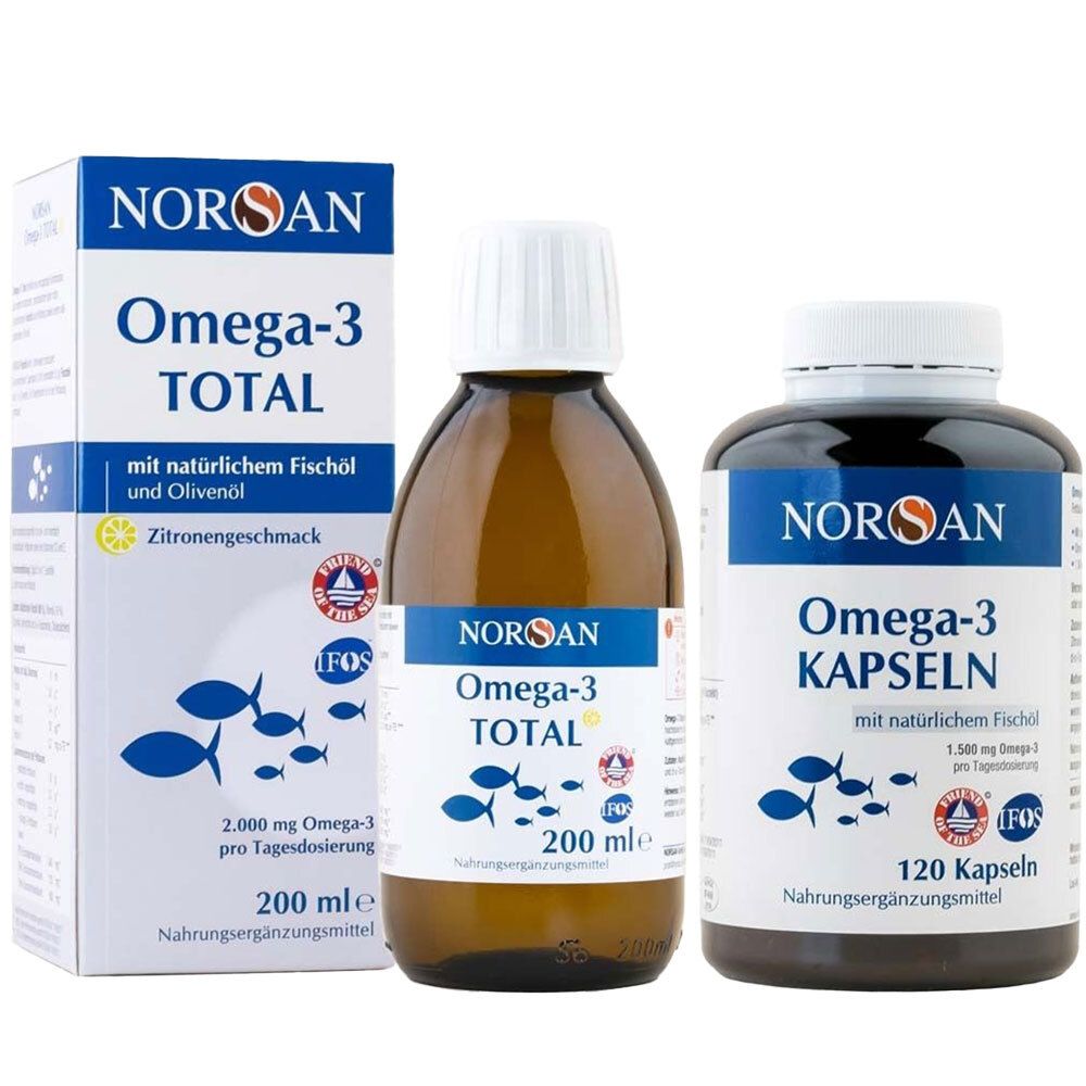 Drei Produkte: Flasche und Kapseln mit Etiketten, Karton. Aufschrift: NORSAN Omega-3 TOTAL, Zitronengeschmack, mit Fischöl. Kapseln: 120 Stück.