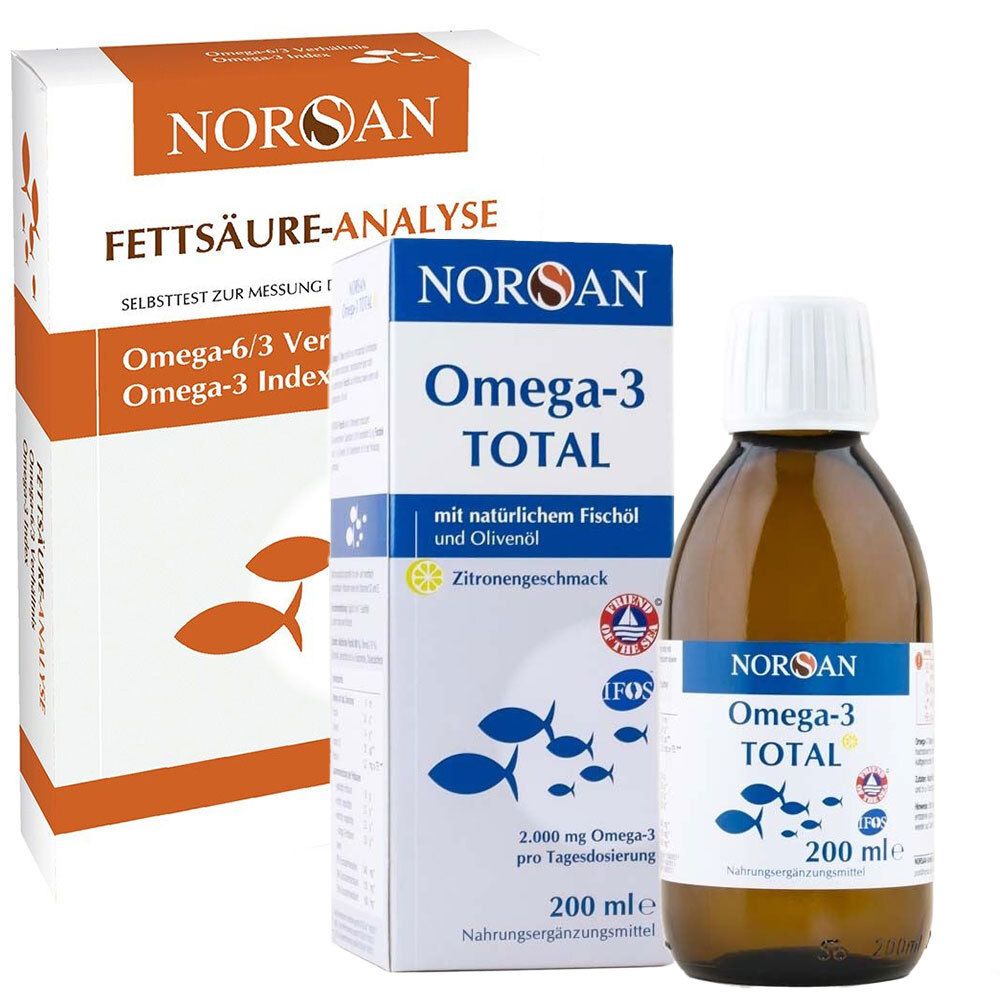 Packung und Flasche mit Produkt. Aufschrift: NORSAN Omega-3 TOTAL, Zitronengeschmack. Enthält 200 ml. Daneben Packung mit Fettsäure-Analyse.