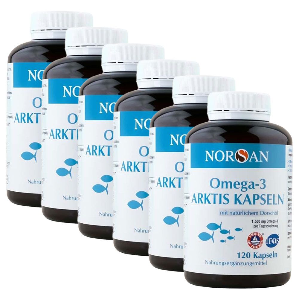 Sechs Flaschen NORSAN Omega-3 Arktis Kapseln. Blaue Etiketten mit weißer Schrift. Aufschrift: Omega-3 Arktis Kapseln, 120 Kapseln, Nahrungsergänzungsmittel.