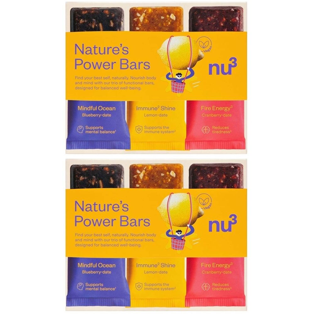 Verpackung mit nu3 Nature's Power Bars. Enthält Riegel in verschiedenen Geschmacksrichtungen. Gelbe Verpackung mit Produktnamen und Logo.