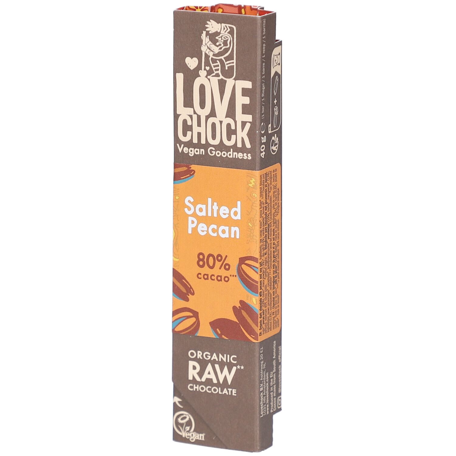 Schokoladenverpackung mit Logo und Produktbezeichnung. Enthält "Salted Pecan", "80% cacao" und "Organic Raw Chocolate". Vegan.