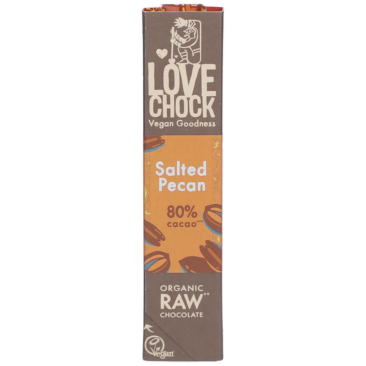 Schokoladenverpackung mit Logo und Produktbezeichnung. Enthält "Salted Pecan", "80% cacao" und "Organic Raw Chocolate". Vegan.