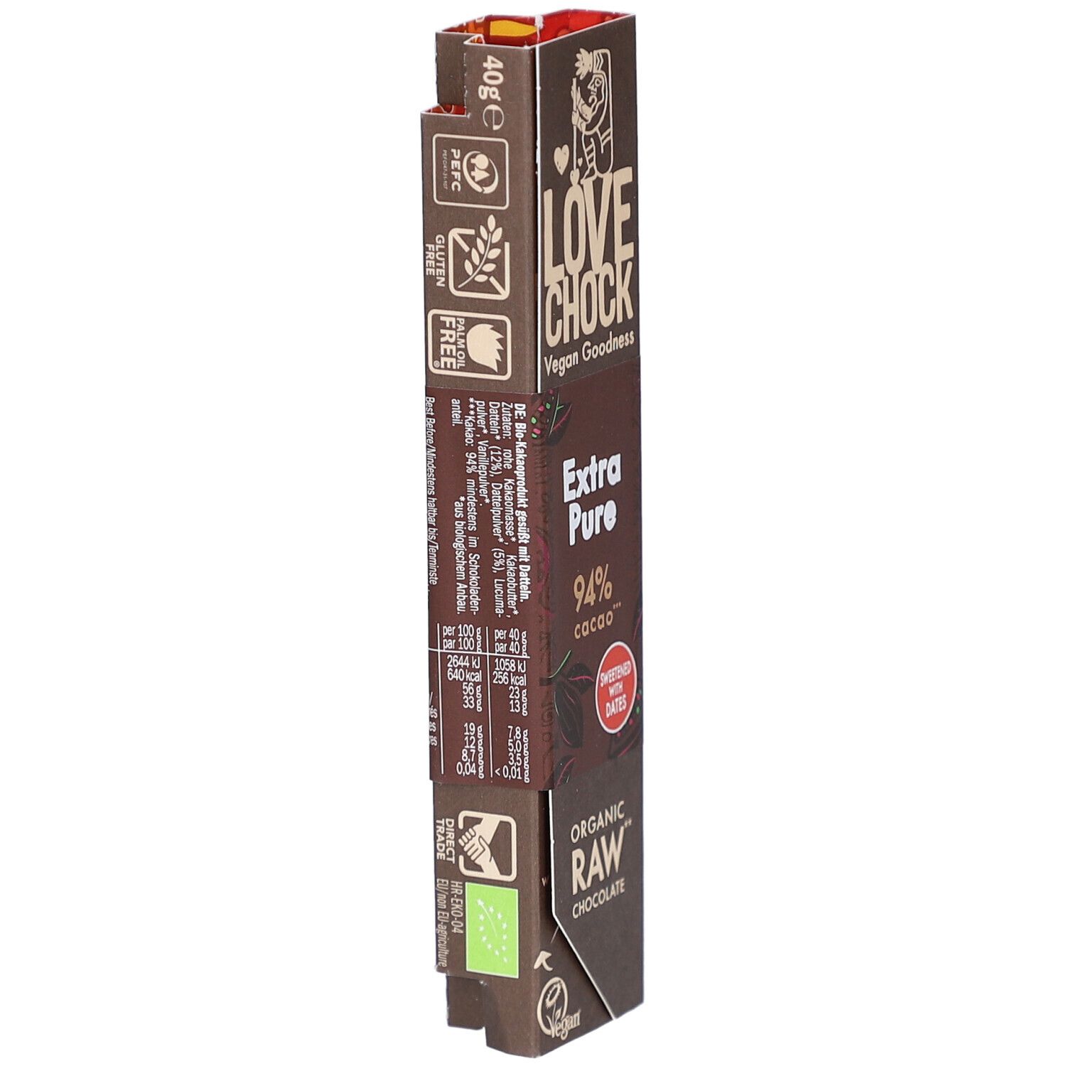 Schokoladenverpackung LOVECHOCK, Extra Pure 94% Kakao. Vegan, Rohschokolade, gesüßt mit Datteln. Mit Logos und Zertifizierungen.
