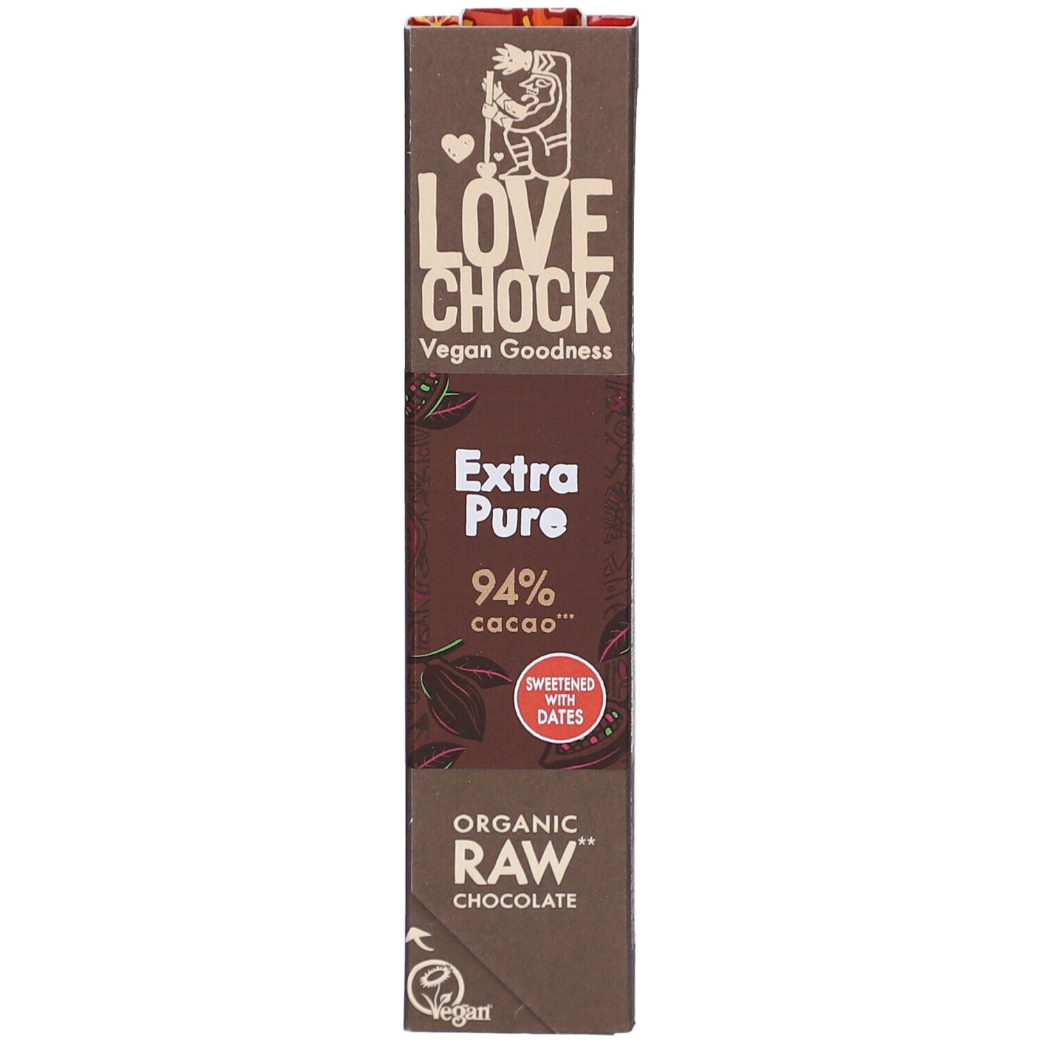 Schokoladenverpackung LOVECHOCK, Extra Pure 94% Kakao. Vegan, Rohschokolade, gesüßt mit Datteln. 40g.