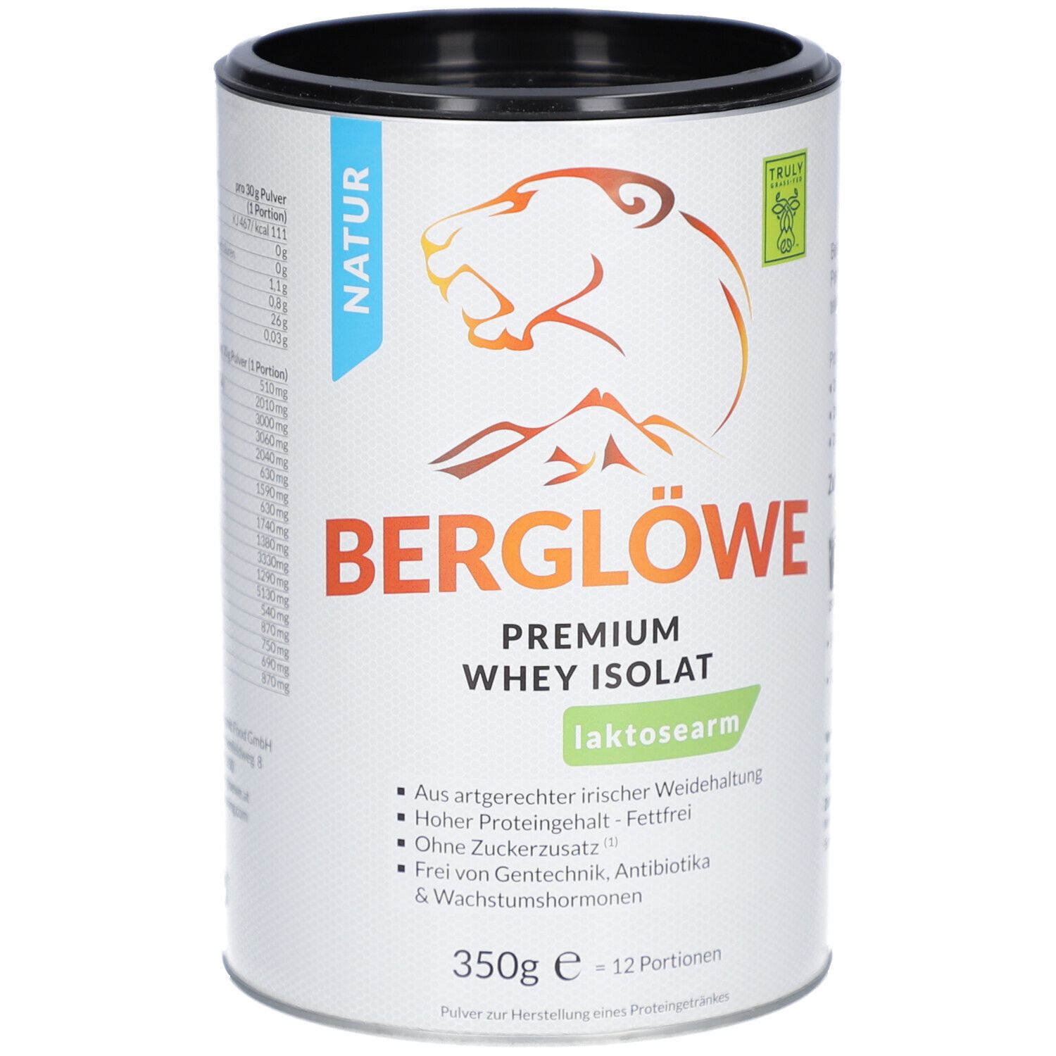 Dose Berglöwe Premium Whey Protein Isolat Natur, laktosearm. Logo mit Bär. 350g, 12 Portionen. Grün-zertifiziert.