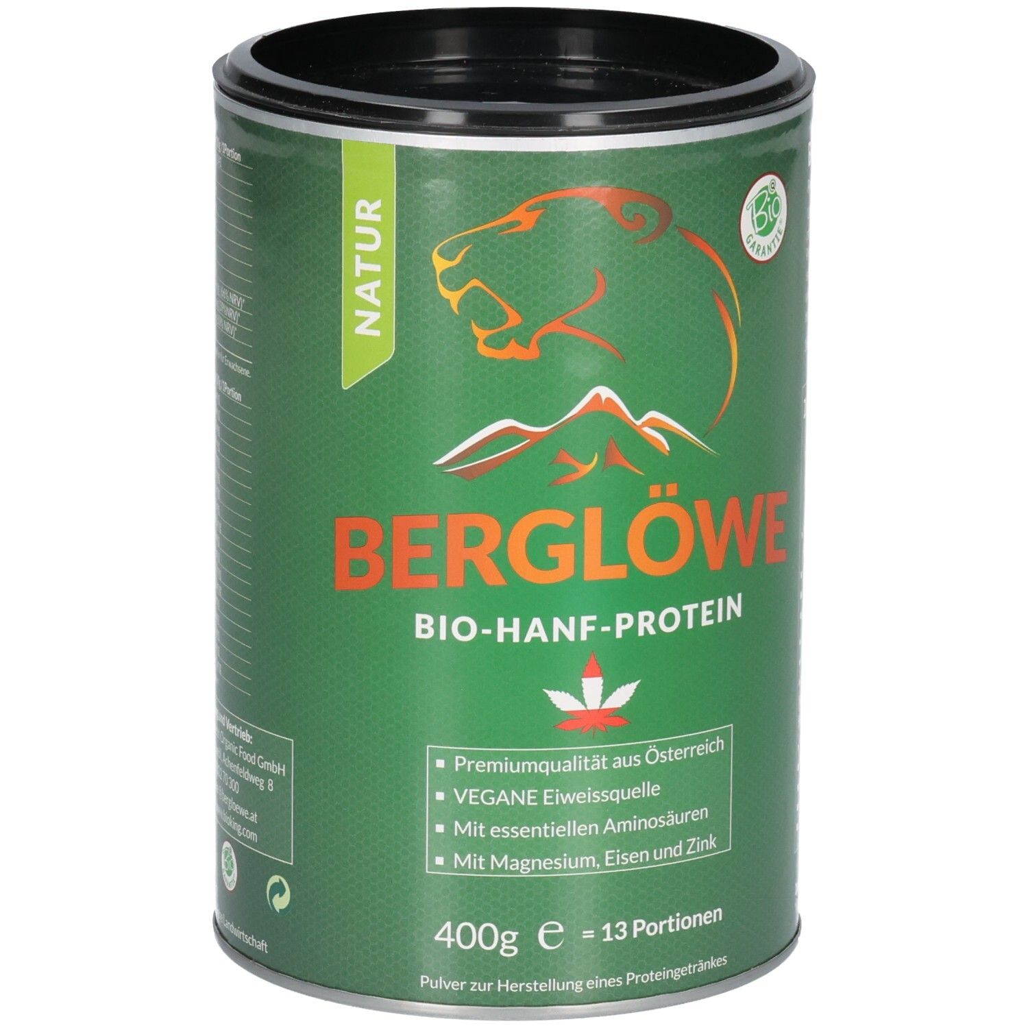 Grüne Dose mit "Berglöwe Bio-Hanfprotein Natur". Logo: Löwe und Berge. Text: 400g, 13 Portionen. Bio-Siegel.