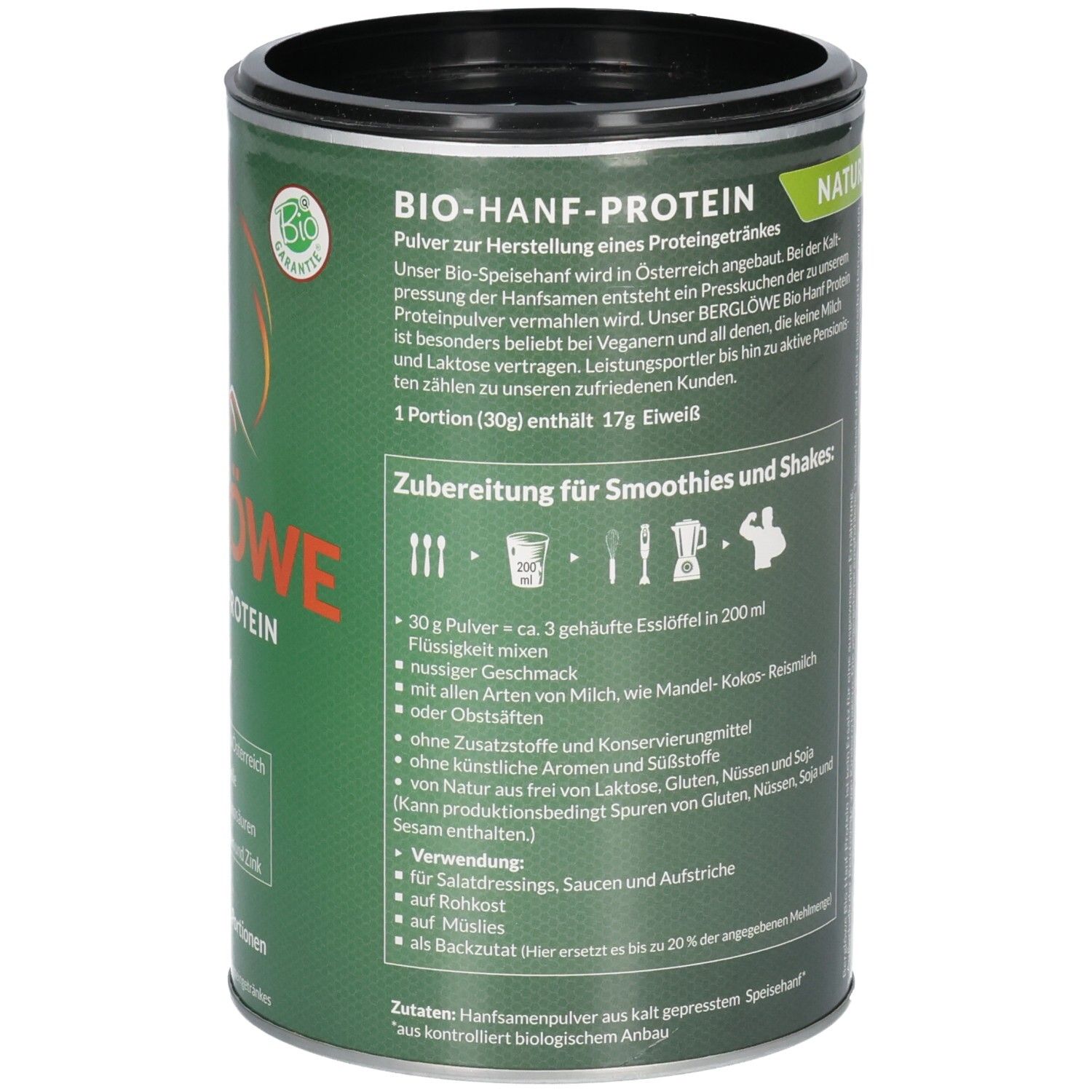 Dose mit Text über Zubereitung und Inhaltsstoffe. Text: Bio-Hanfprotein, Zubereitung, Zutaten, Verwendung.