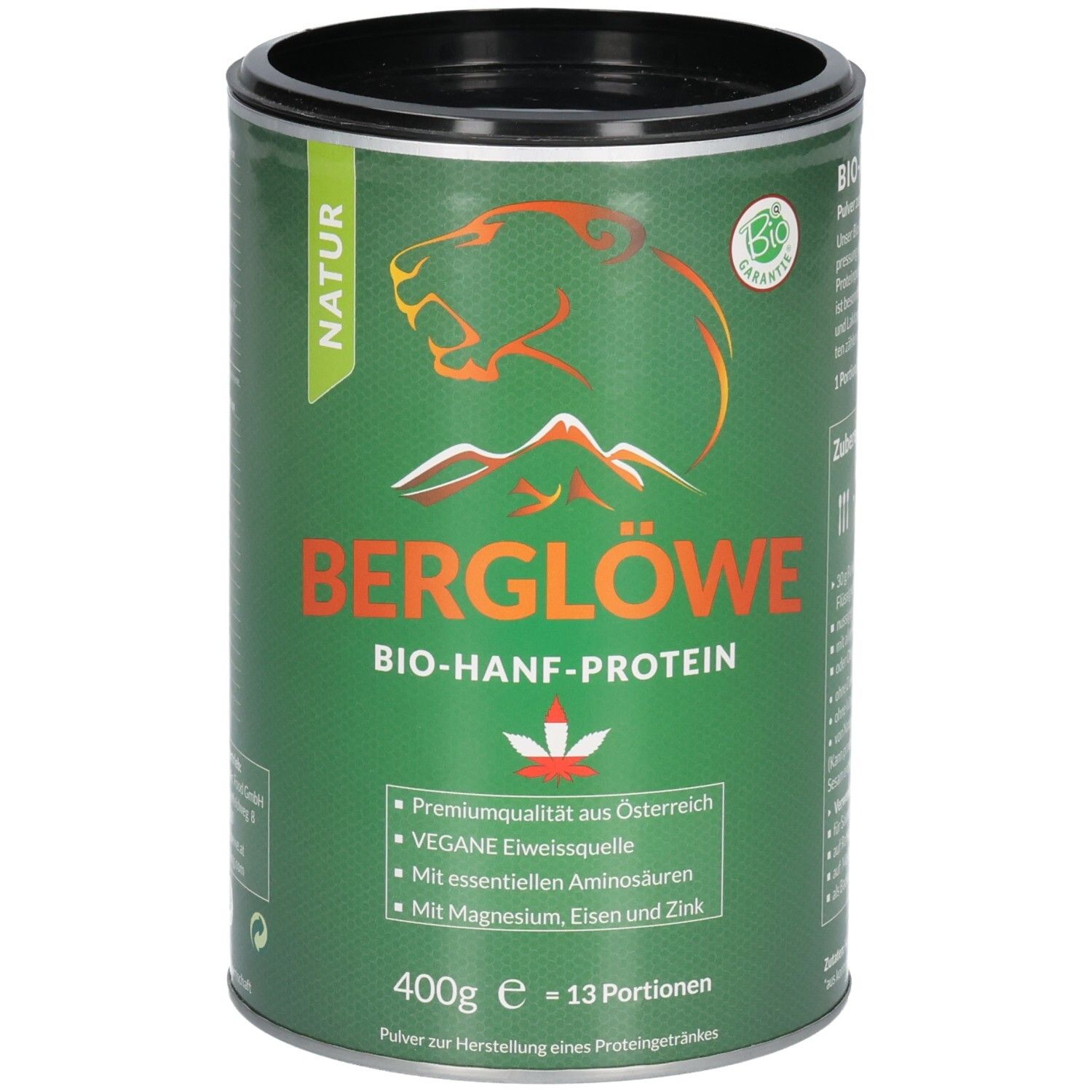 Grüne Dose mit "Berglöwe Bio-Hanfprotein Natur". Logo: Löwe und Berge. Text: 400g, 13 Portionen. Bio-Siegel.