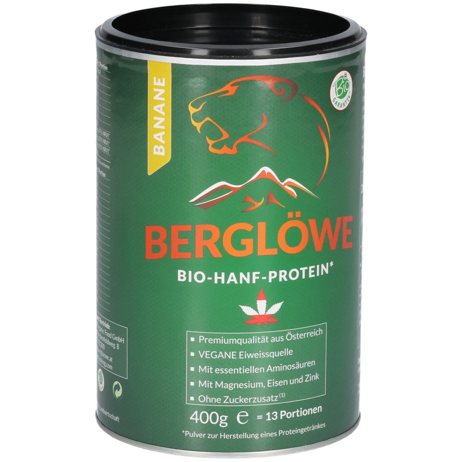 Grüne Dose mit schwarzem Deckel. Aufschrift: BERGLÖWE BIO-HANF-PROTEIN, Banane. Bio-Siegel. 400g, 13 Portionen.
