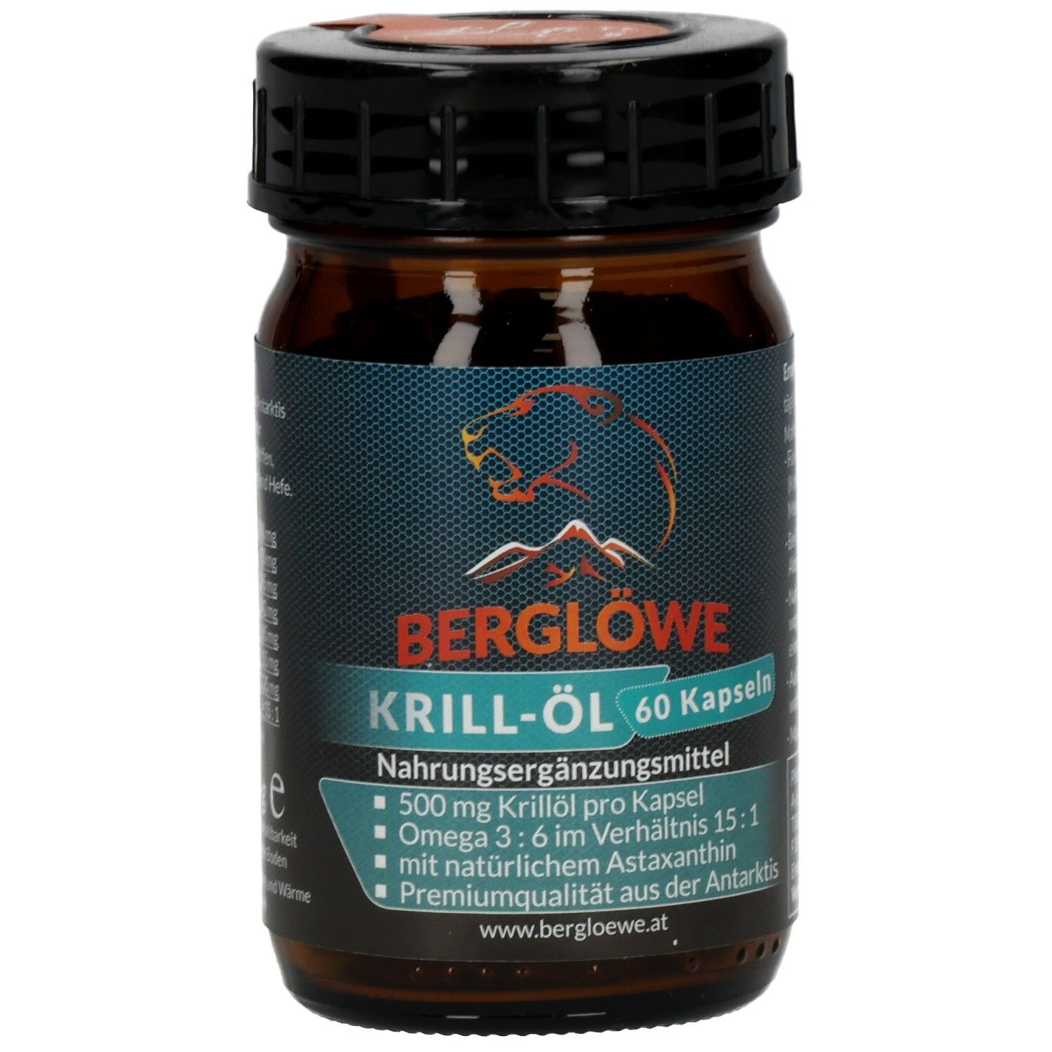Braune Glasflasche mit schwarzem Deckel. Aufschrift: BERGLÖWE KRILL-ÖL 60 Kapseln. Enthält Omega 3.