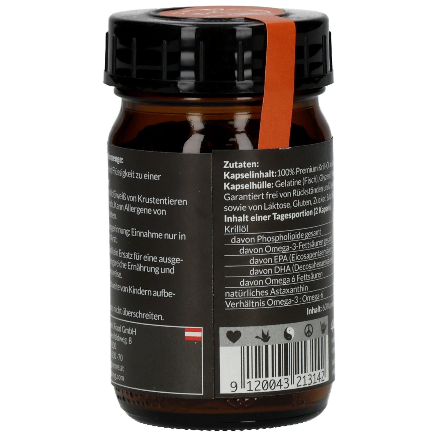 Braune Glasflasche mit schwarzem Deckel. Rückseite mit Zutatenliste. Enthält Krillöl, Omega-3-Fettsäuren.