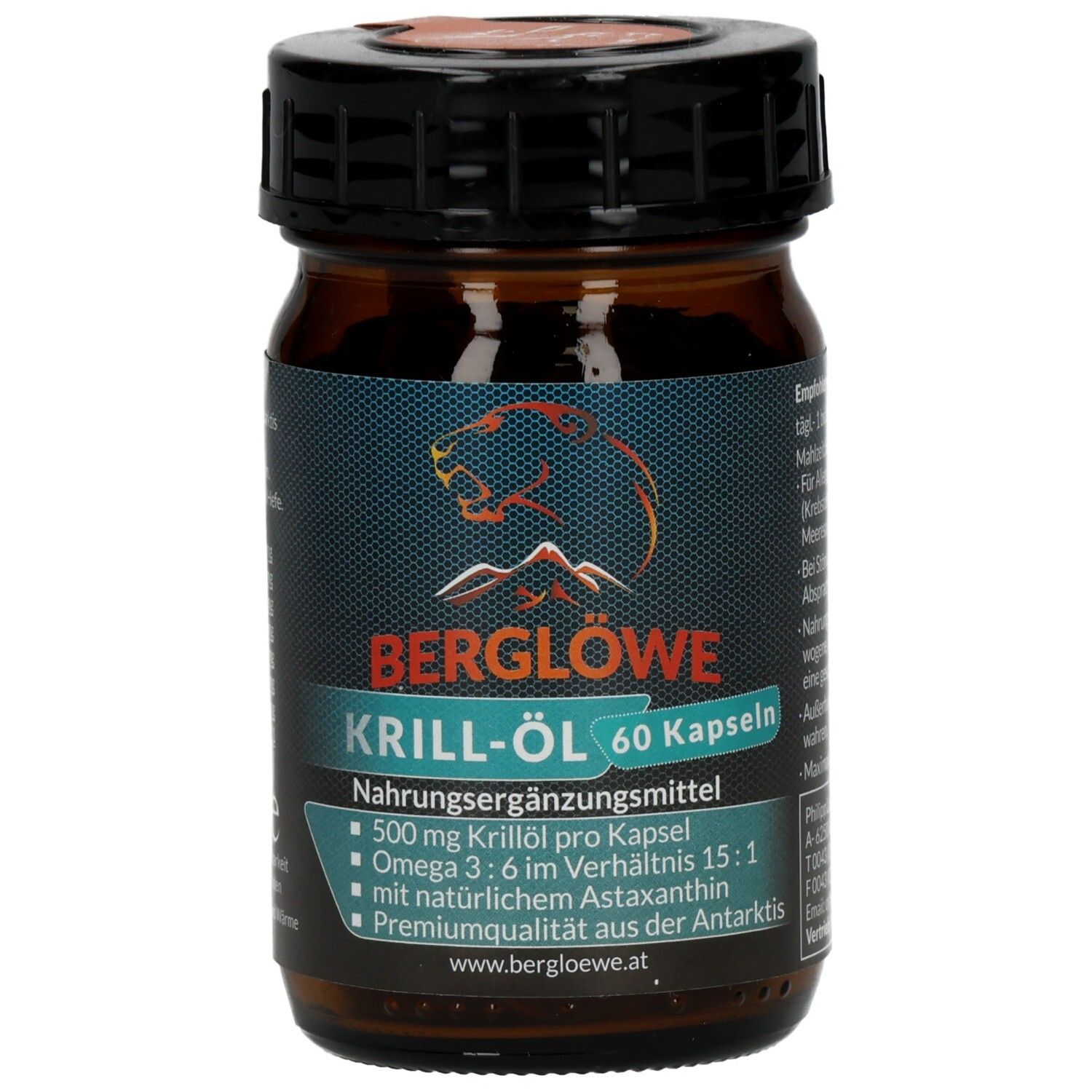 Braune Glasflasche mit schwarzem Deckel. Aufschrift: BERGLÖWE KRILL-ÖL 60 Kapseln. Enthält Omega 3.