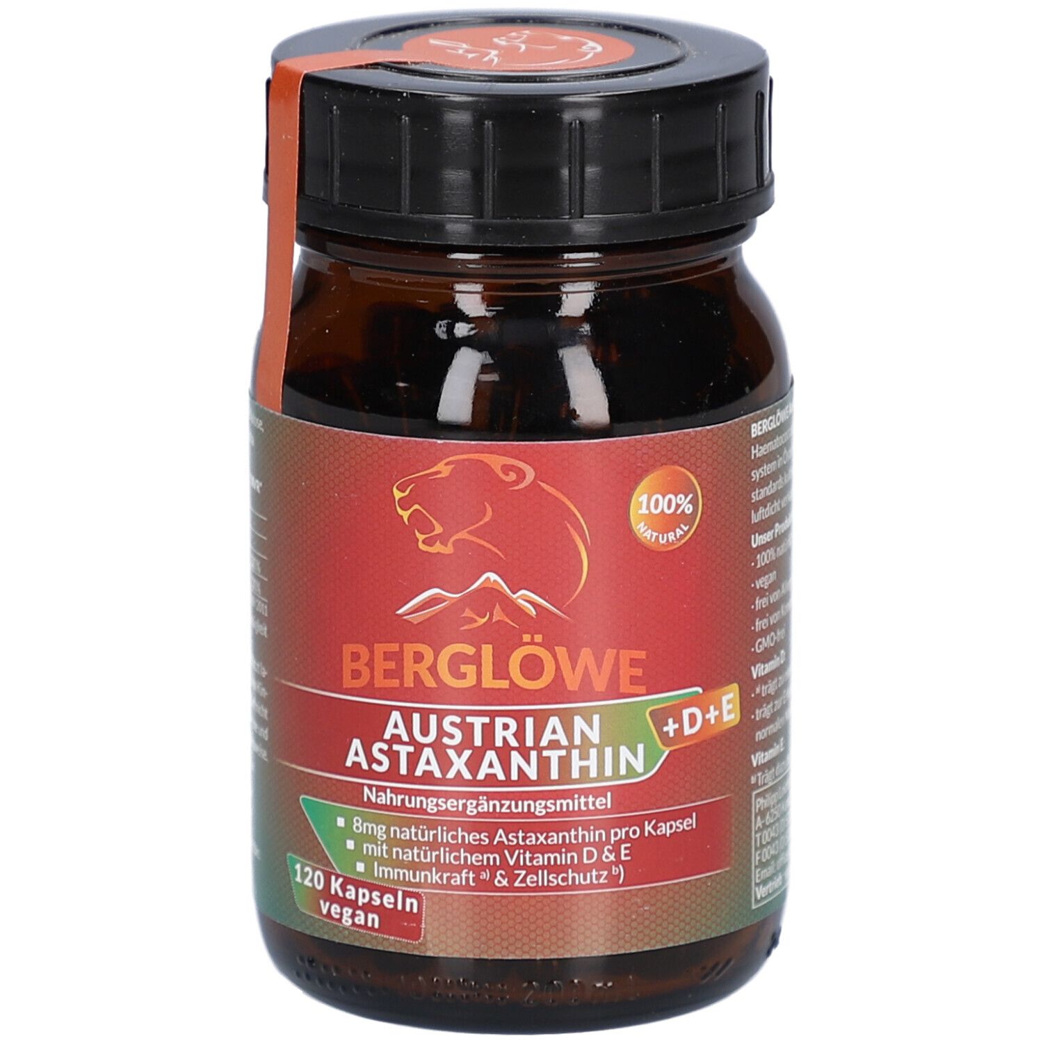 Braune Glasflasche mit schwarzem Deckel. Etikett mit "Berglöwe Austrian Astaxanthin" und "120 Kapseln".