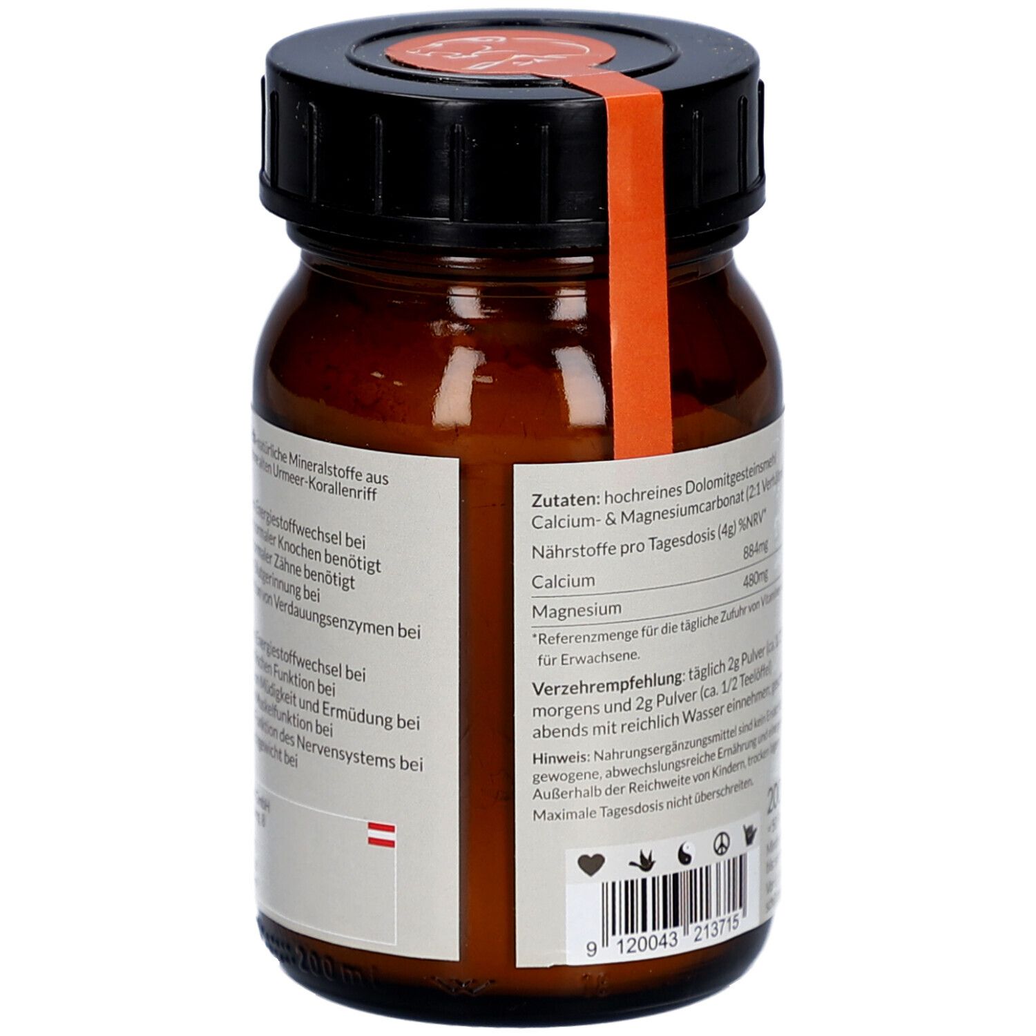 Rückseite der braunen Glasflasche. Etikett mit Zutaten, Nährwertangaben und Verzehrempfehlung. Warnhinweise.