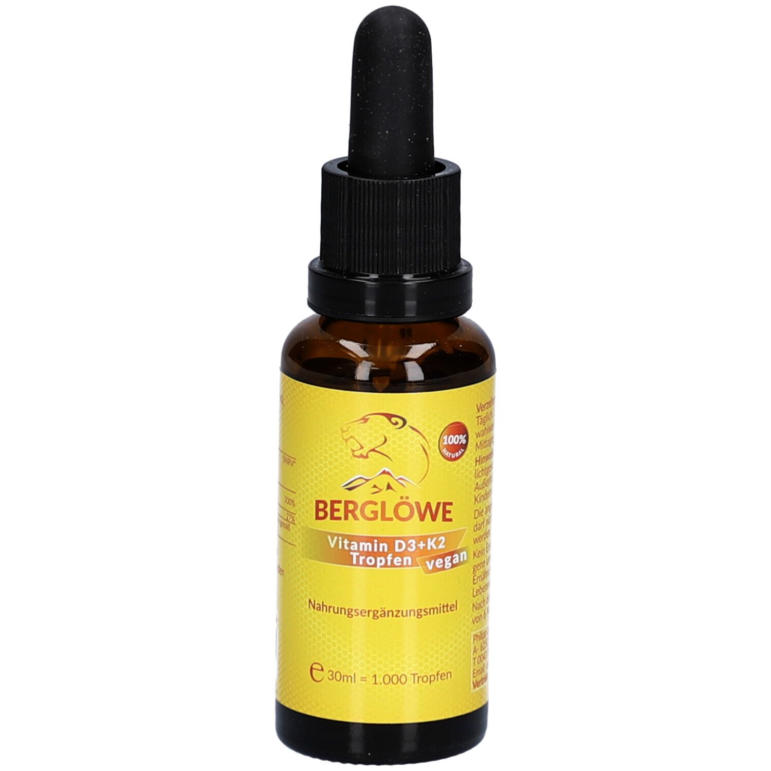 Braune Glasflasche mit schwarzem Verschluss und Pipette. Gelbes Etikett mit Produktbezeichnung und Logo.