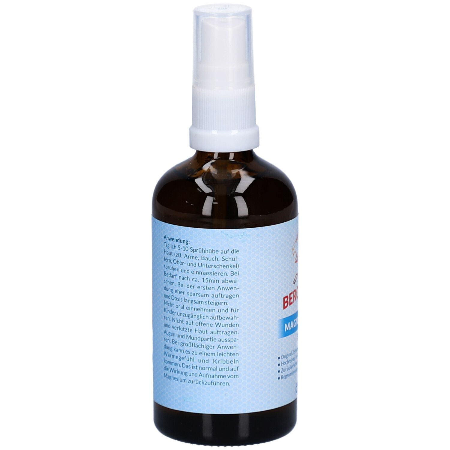 Rückseite einer braunen Glasflasche mit weißem Sprühkopf. Etikett mit Anwendungshinweisen und Inhaltsstoffen.