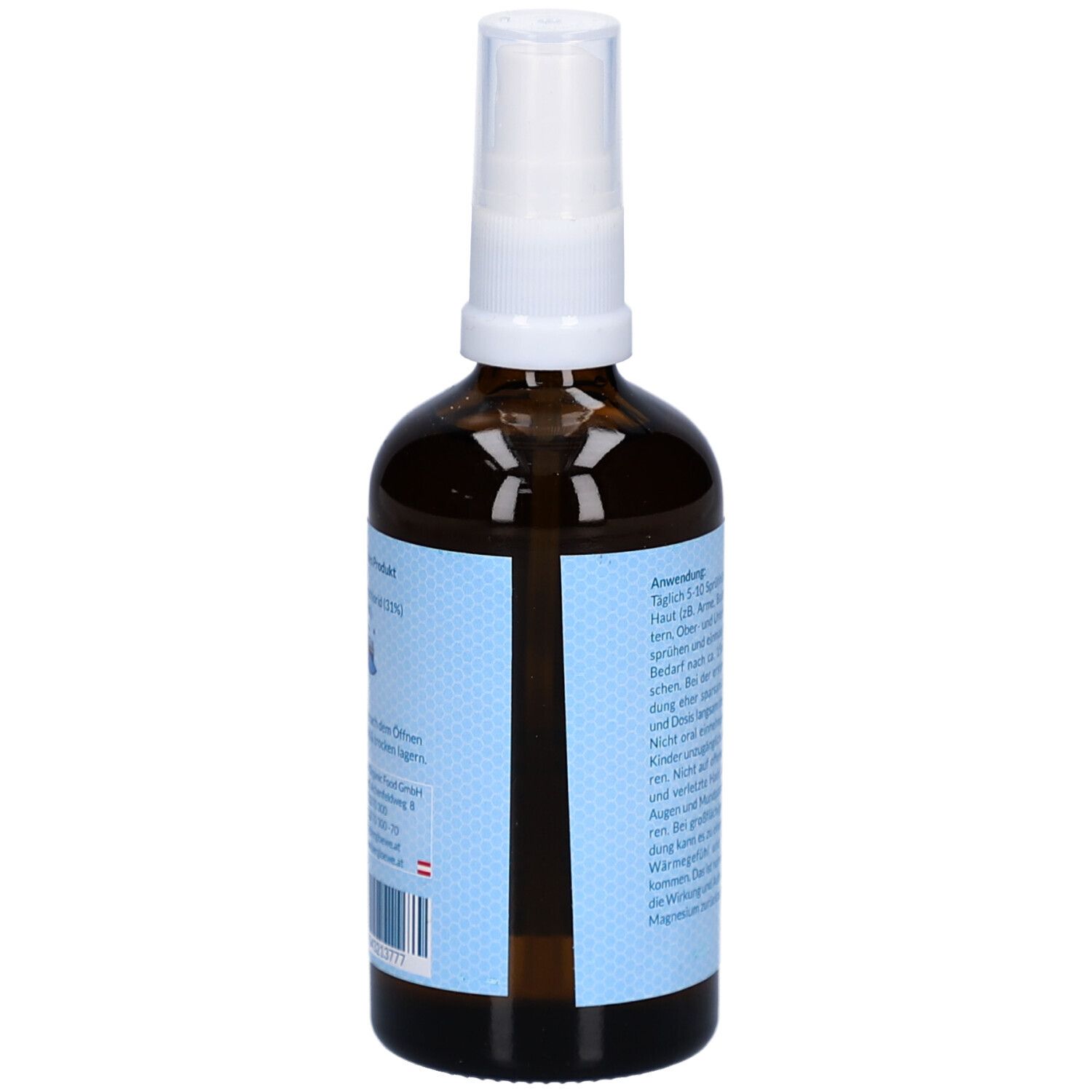 Seitenansicht einer braunen Glasflasche mit weißem Sprühkopf. Etikett mit Produktinformationen und Barcode.