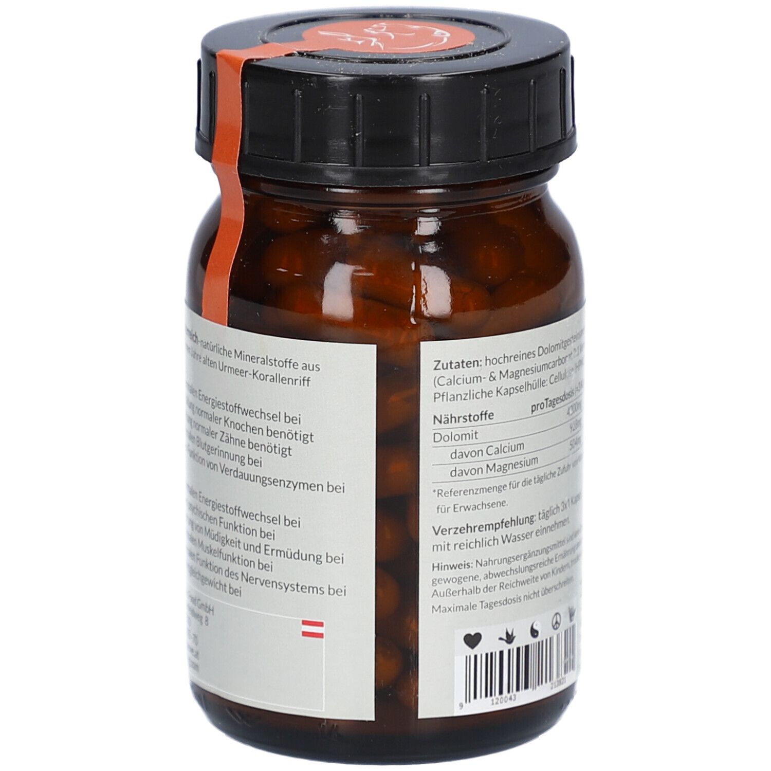 Braune Glasflasche, Seitenansicht. Etikett mit Informationen zu Inhaltsstoffen und Nährwerten. Roter Streifen.