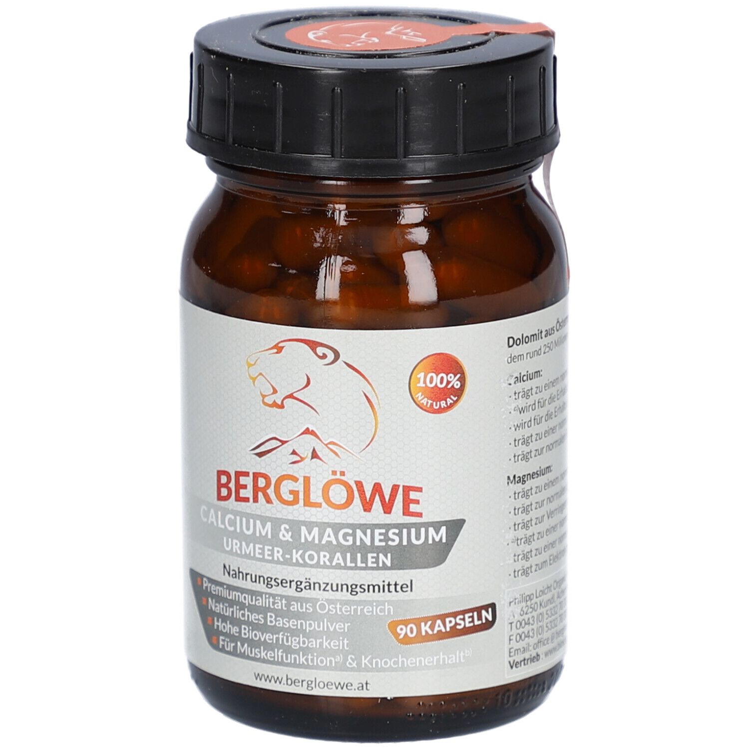 Braune Glasflasche mit Kapseln. Aufschrift: BERGLÖWE CALCIUM & MAGNESIUM. 90 Kapseln. Logo: Bär.