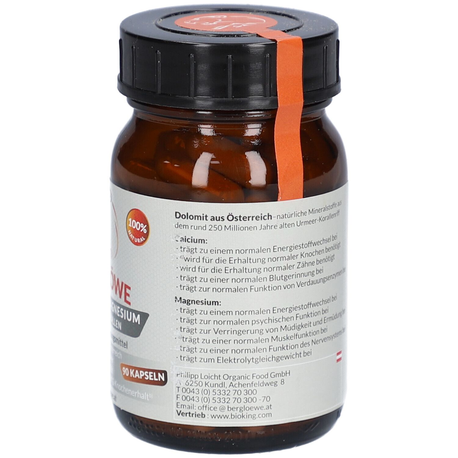 Braune Glasflasche, Rückseite. Enthält Informationen zu Inhaltsstoffen und Nährwerten. Logo: 100% Natural.