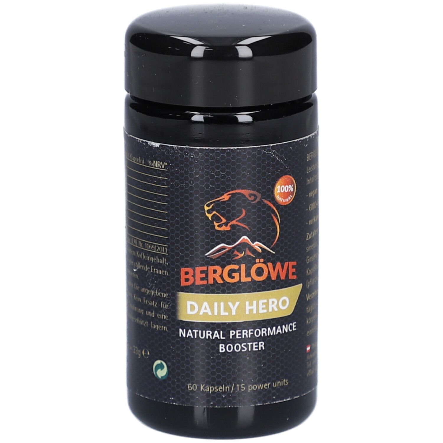 Schwarze Dose mit Deckel. Aufschrift BERGLÖWE Daily Hero, Natural Performance Booster. 60 Kapseln. Logo mit Berg und Löwe.