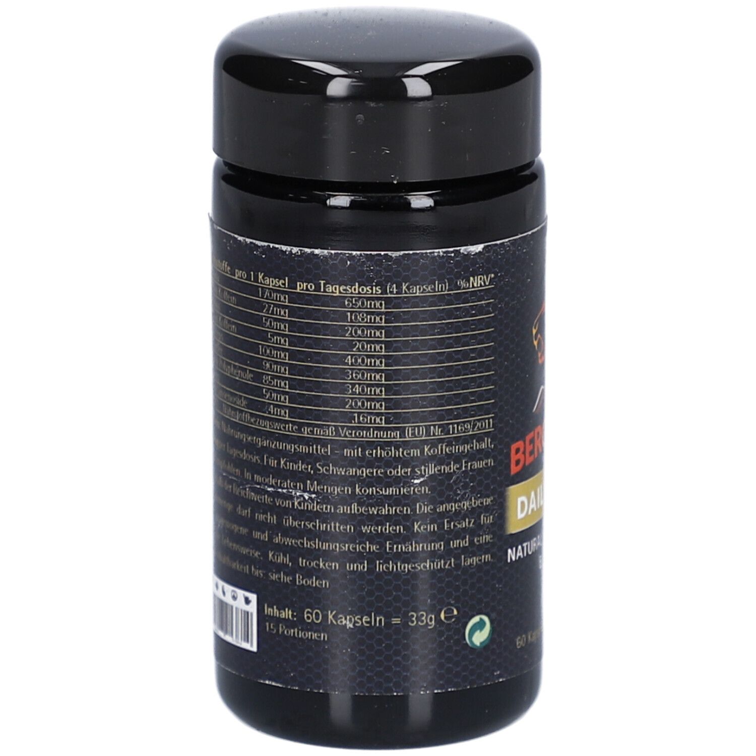 Rückseite der schwarzen Dose. Text mit Inhaltsstoffen und Nährwertangaben. 60 Kapseln, 33g. Grüner Punkt.