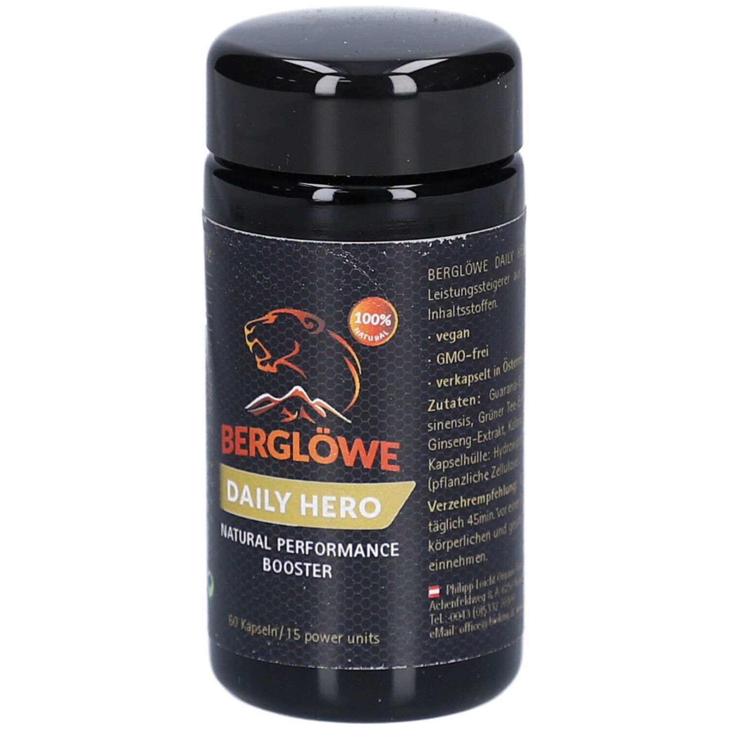 Schwarze Dose mit Deckel. Aufschrift BERGLÖWE Daily Hero, Natural Performance Booster. 60 Kapseln. Logo mit Berg und Löwe. Vegan.