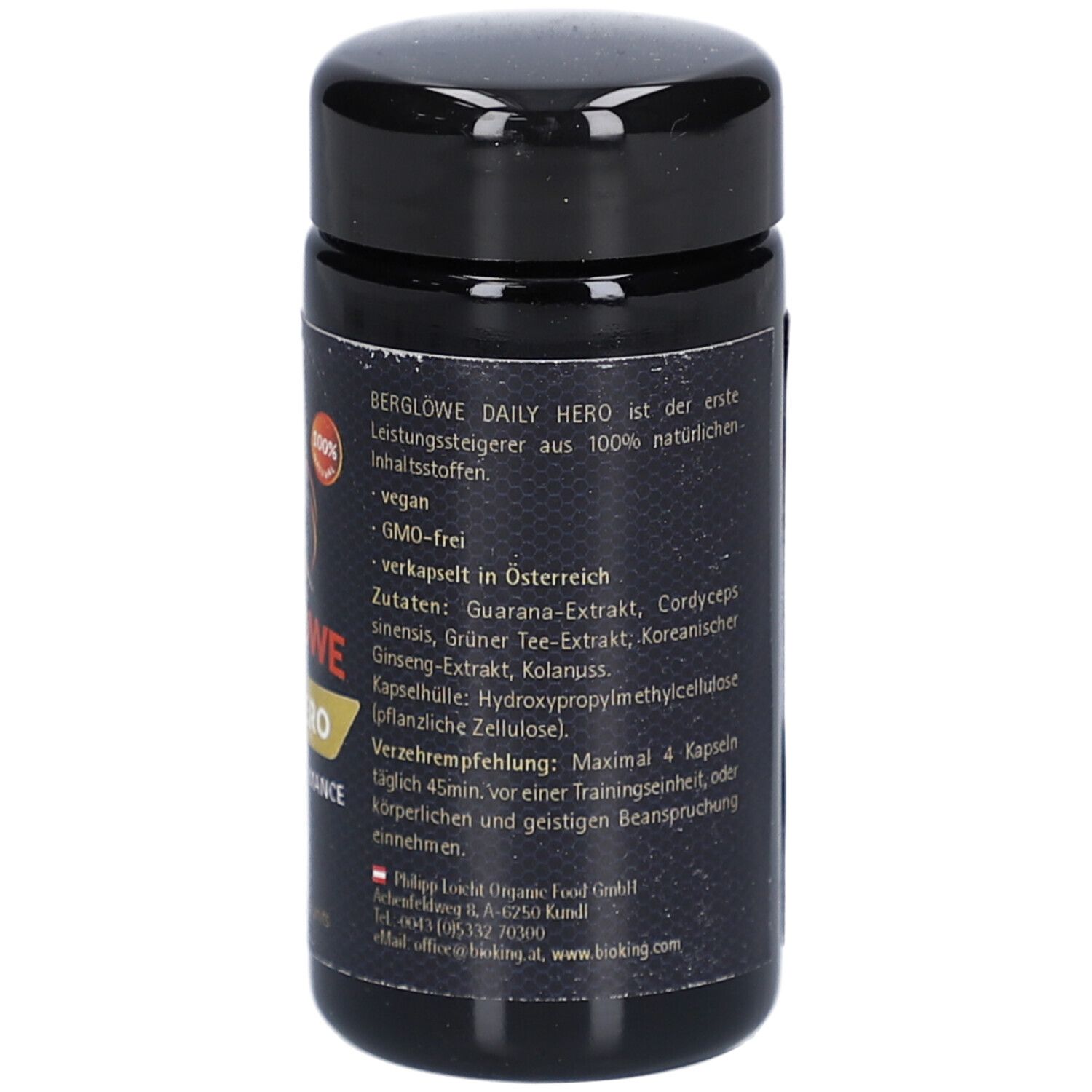 Schwarze Dose mit Deckel. Aufschrift BERGLÖWE Daily Hero. Zutaten: Guarana, Cordyceps sinensis, Grüner Tee. Hergestellt in Österreich.
