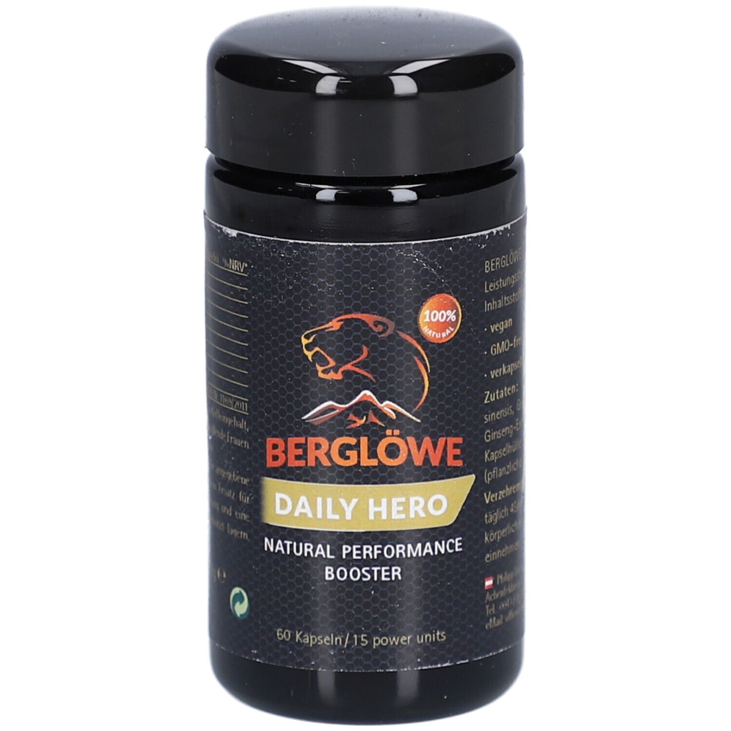Schwarze Dose mit Deckel. Aufschrift BERGLÖWE Daily Hero, Natural Performance Booster. 60 Kapseln. Logo mit Berg und Löwe.
