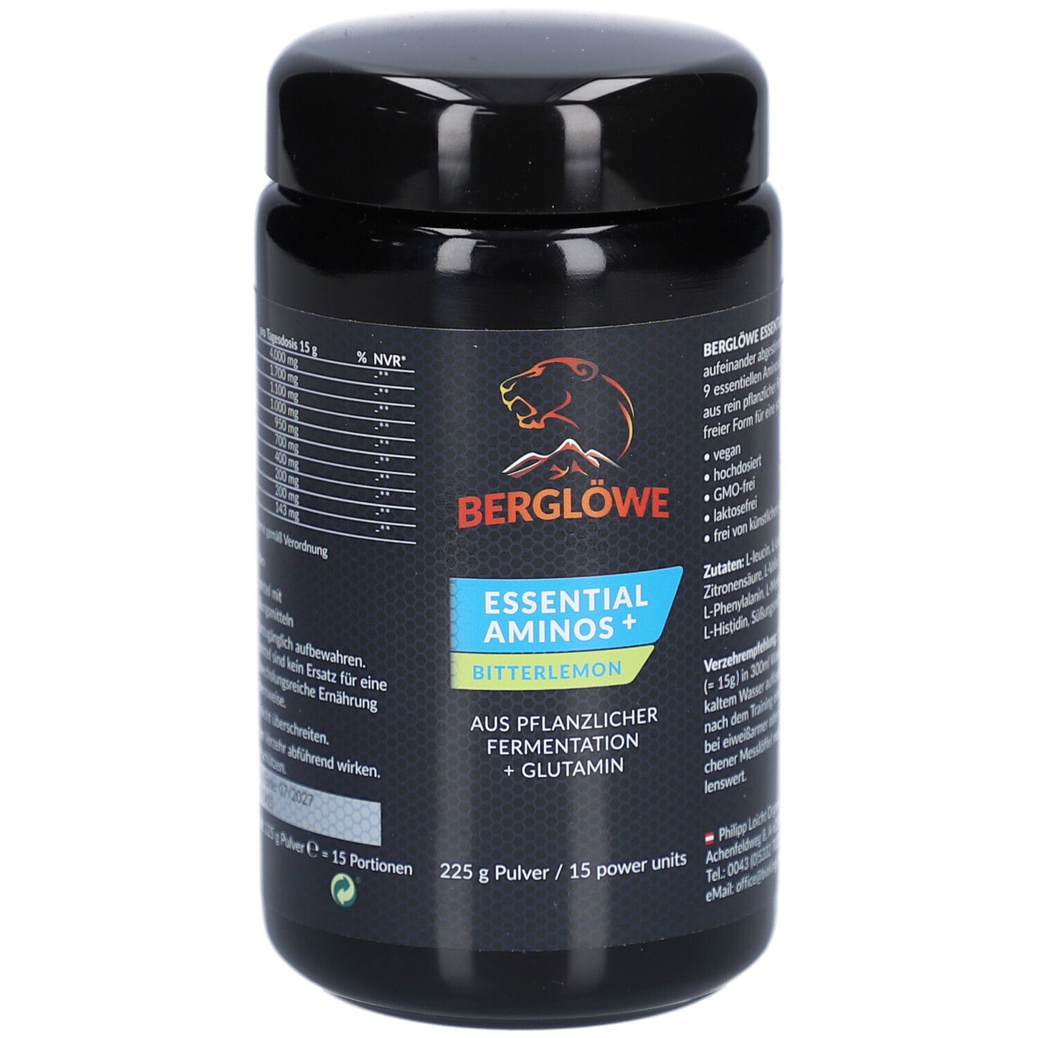 Schwarze Dose mit Produktetikett. Aufschrift: BERGLÖWE ESSENTIAL AMINOS Bitterlemon. Enthält 225 g Pulver. Mit Zutatenliste und Nährwertangaben.
