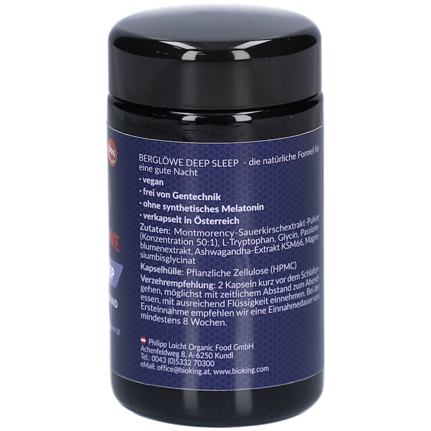 Rückseite der Dose. Auflistung der Inhaltsstoffe und Hinweise. Text in deutscher Sprache. Vegan, ohne synthetisches Melatonin.