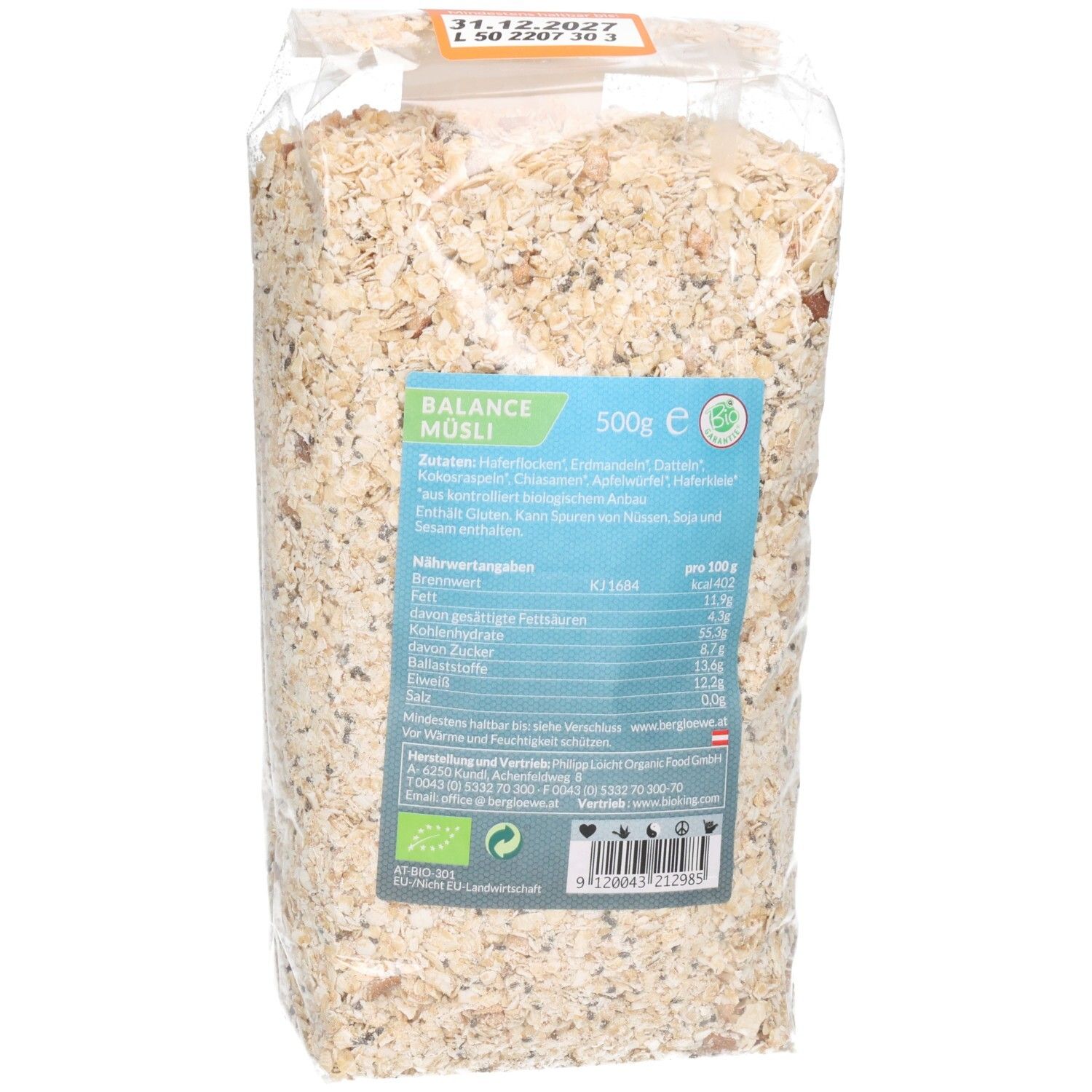 Berglöwe Bio Müsli Balance 500g Beutel mit Nährwertangaben und Bio-Siegel.
