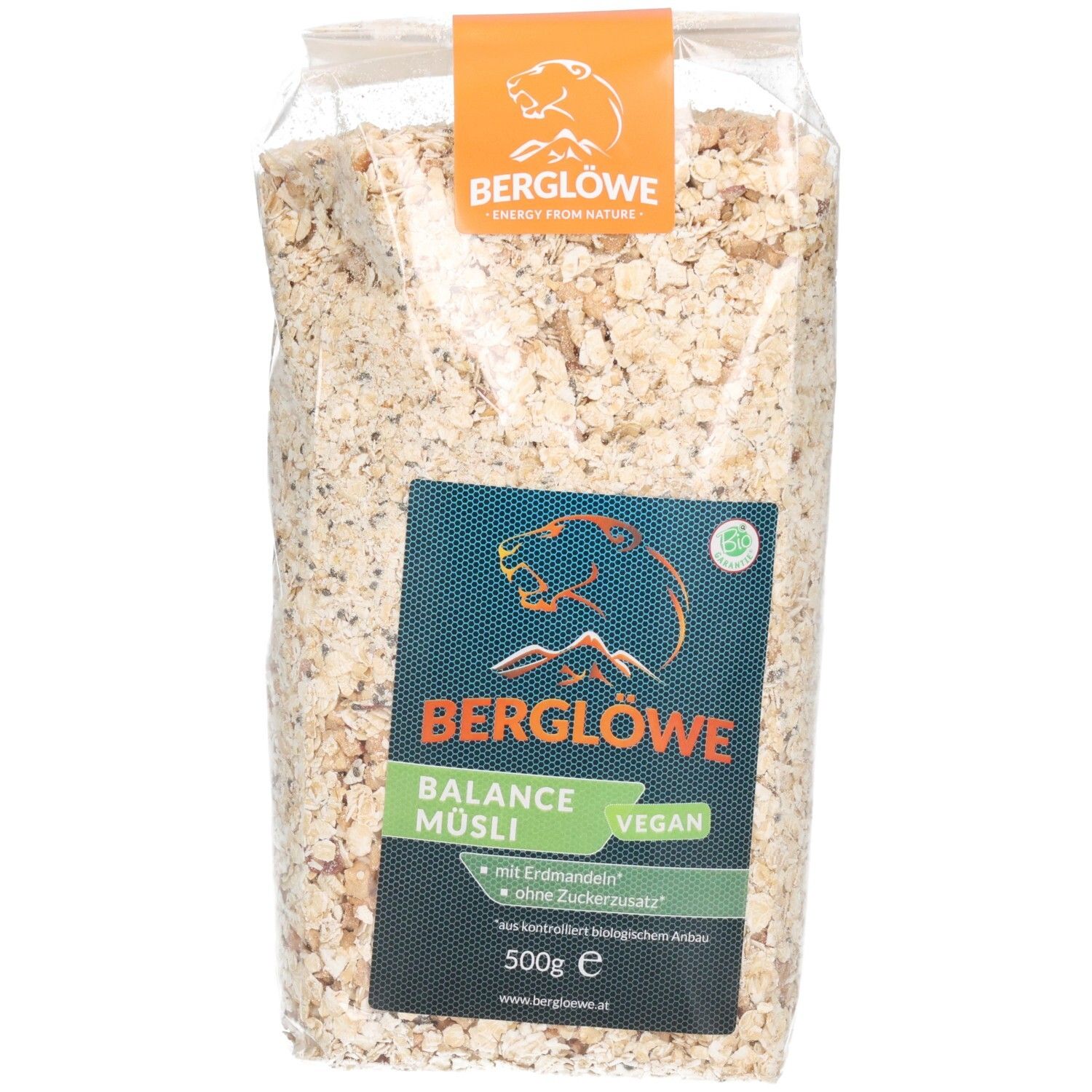 Berglöwe Bio Müsli Balance 500g Beutel mit Bärenlogo, Siegel 'Vegan' und 'ohne Zuckerzusatz'.