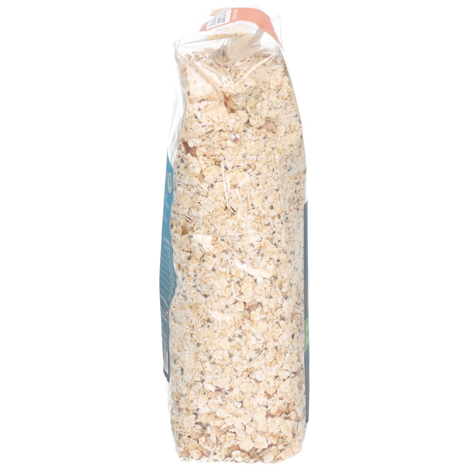 Seitenansicht eines Beutels Berglöwe Bio Müsli Balance, gefüllt mit Müsli.
