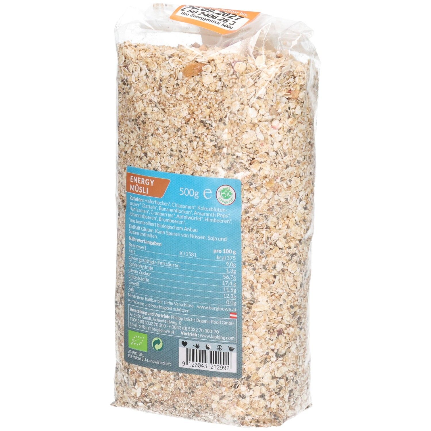 Rückseite Berglöwe Bio Müsli Energy: Nährwertangaben und Bio-Siegel auf 500g Verpackung.