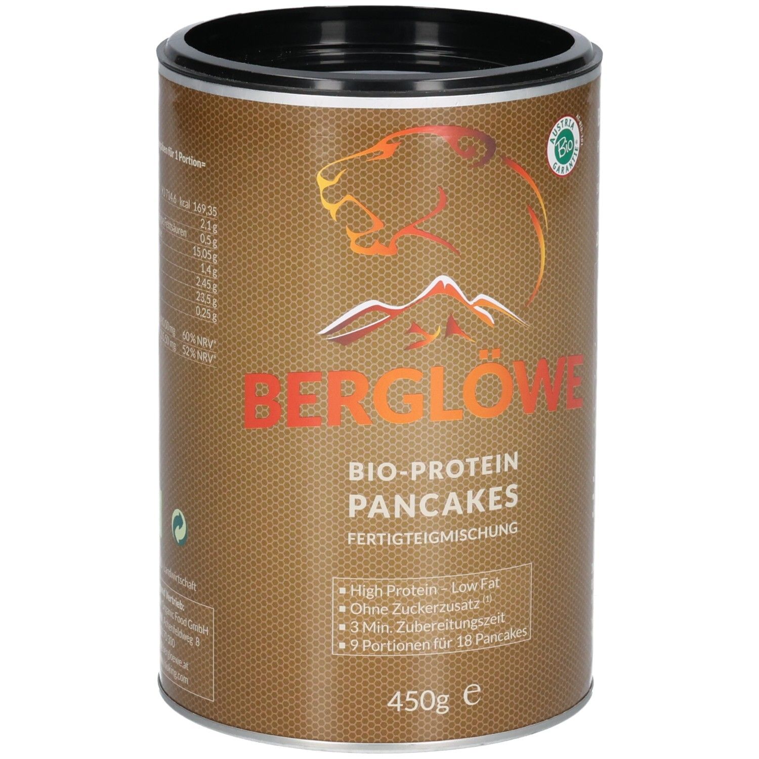 Braune Dose mit schwarzem Deckel. Aufschrift Berglöwe Bio-Protein Pancakes. Enthält 450g. Bio-Siegel.