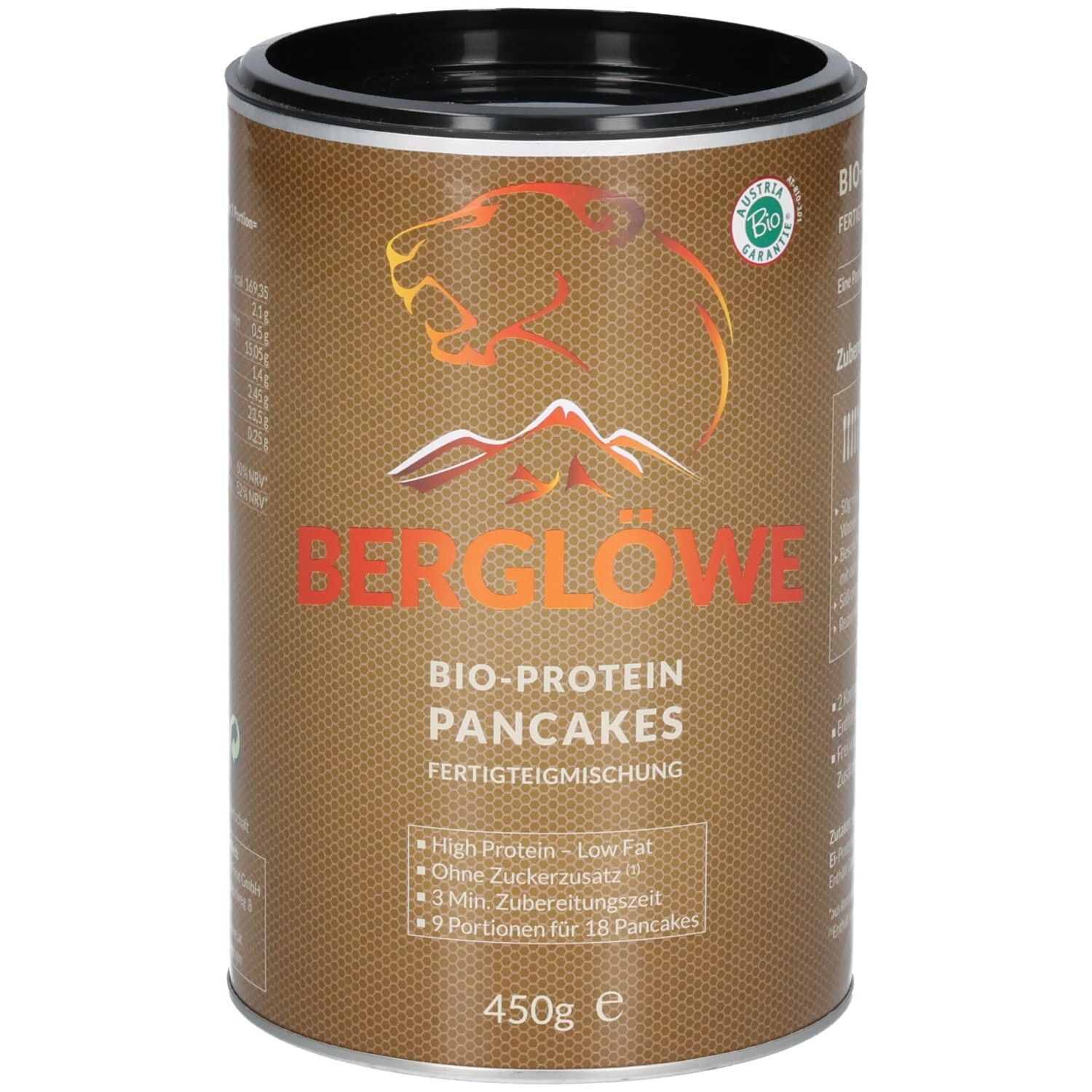 Braune Dose mit schwarzem Deckel. Aufschrift Berglöwe Bio-Protein Pancakes. Enthält 450g. Bio-Siegel.